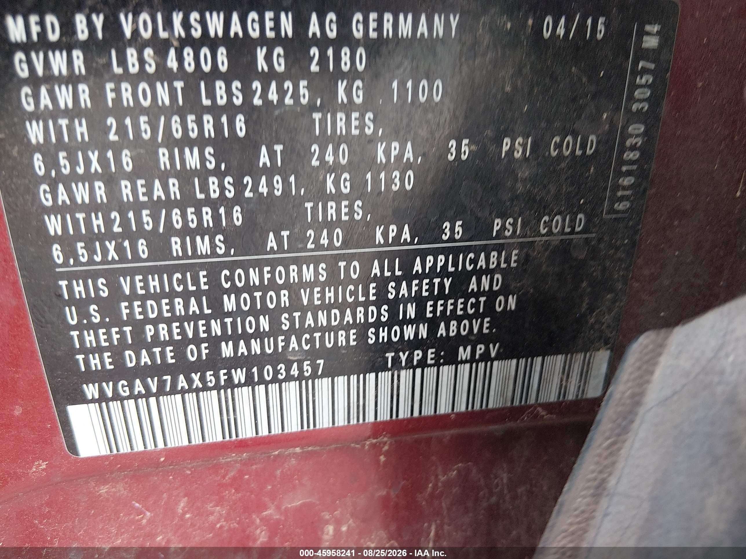 2015 Volkswagen Tiguan S Red vin: WVGAV7AX5FW103457