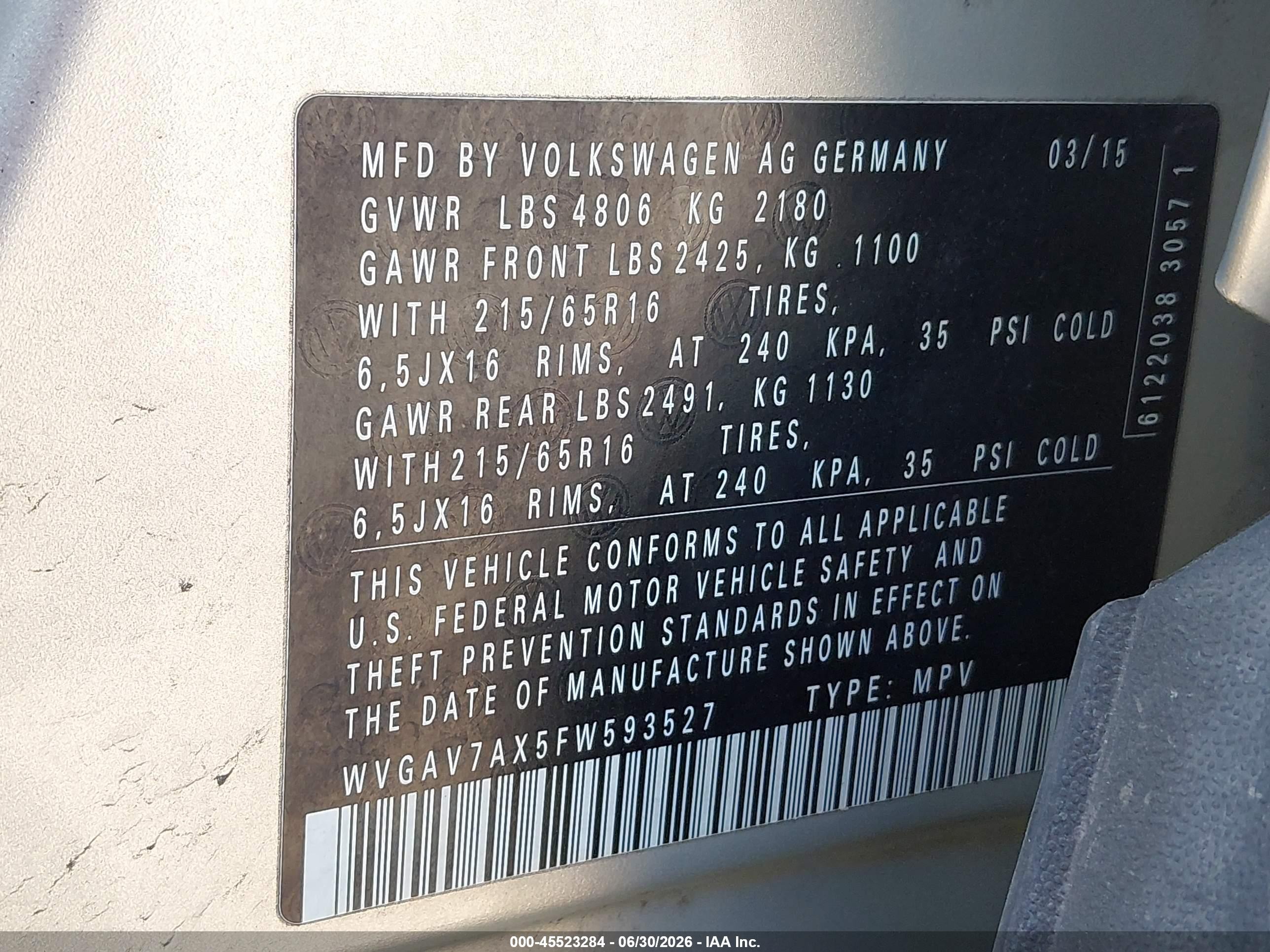 2015 Volkswagen Tiguan S Gray vin: WVGAV7AX5FW593527