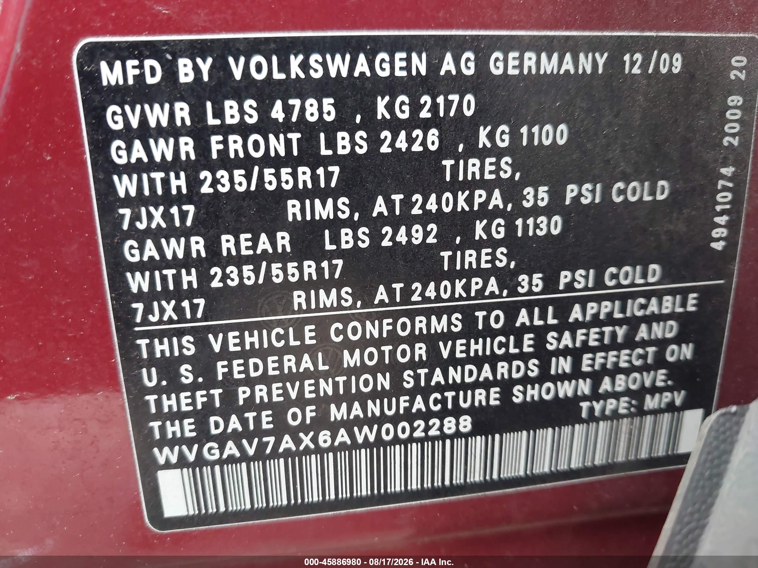 2010 Volkswagen Tiguan Wolfsburg Edition Red vin: WVGAV7AX6AW002288