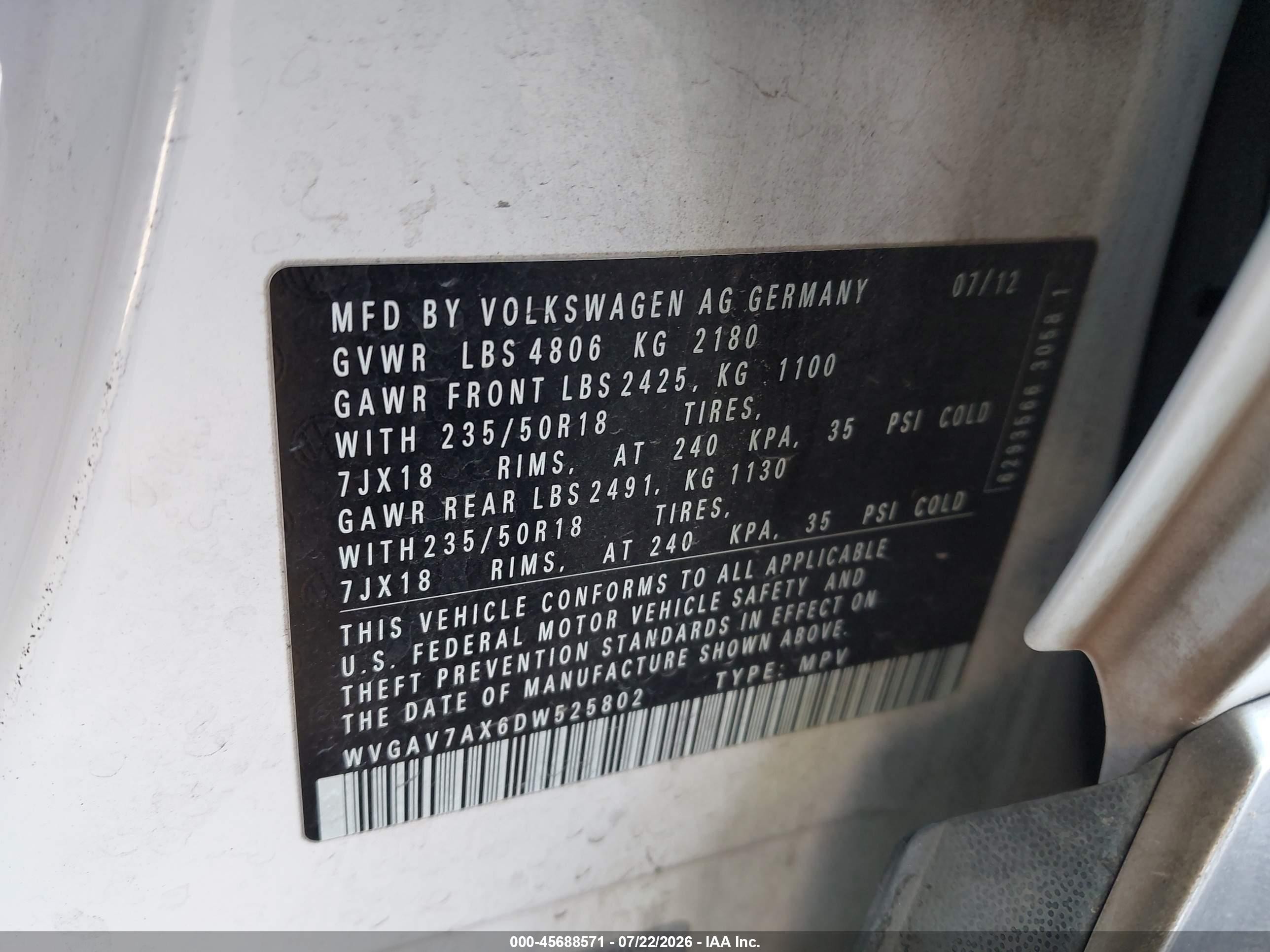 2013 Volkswagen Tiguan Se White vin: WVGAV7AX6DW525802