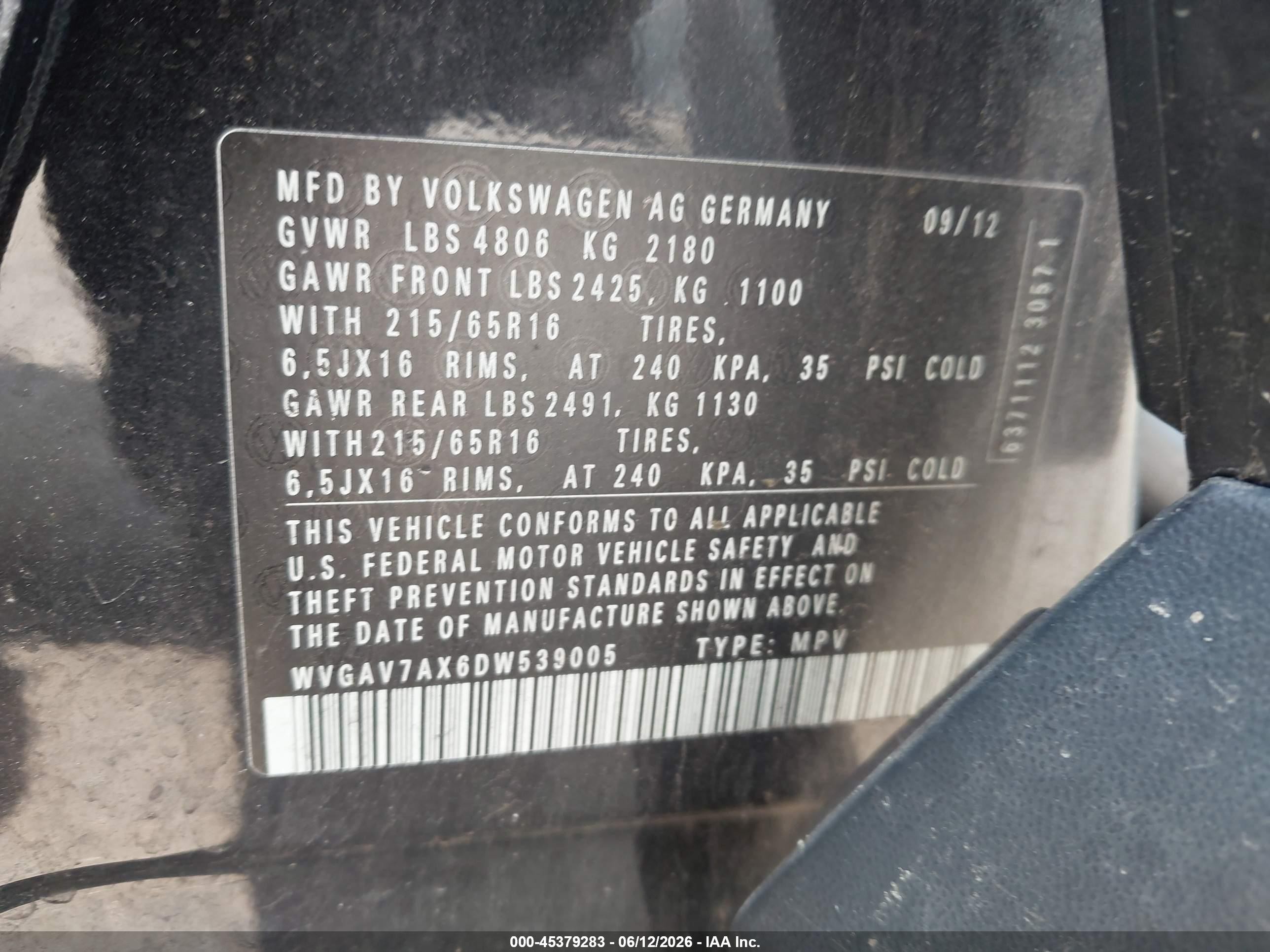 2013 Volkswagen Tiguan S Black vin: WVGAV7AX6DW539005