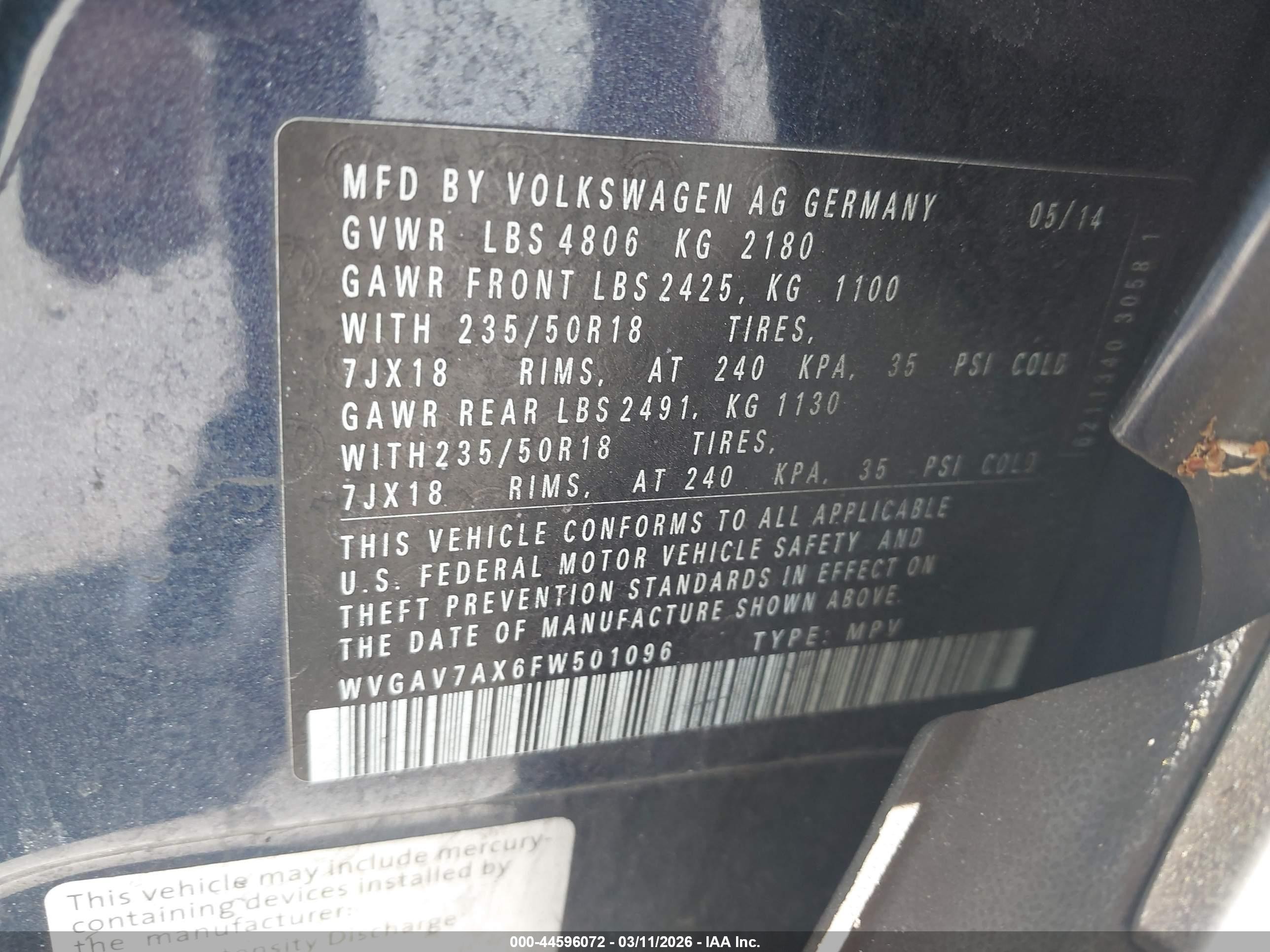 2015 Volkswagen Tiguan Sel Blue vin: WVGAV7AX6FW501096