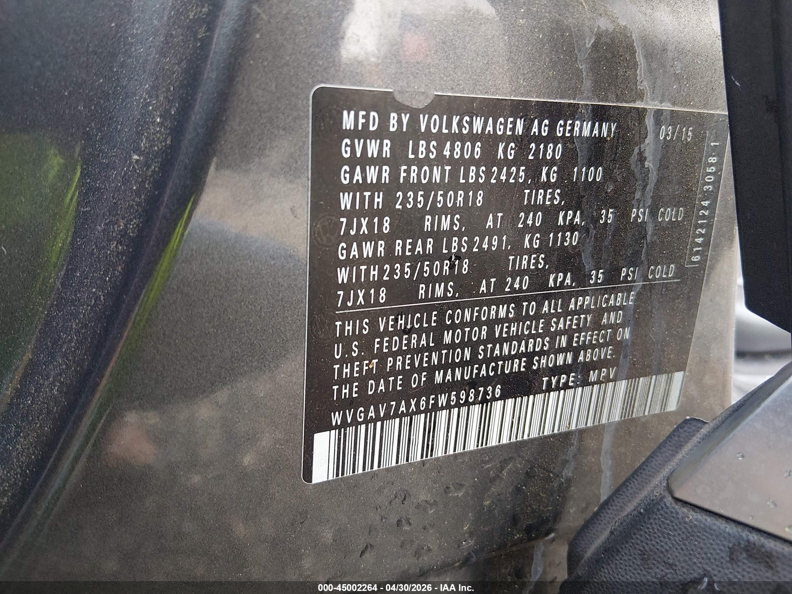 2015 Volkswagen Tiguan Se Gray vin: WVGAV7AX6FW598736