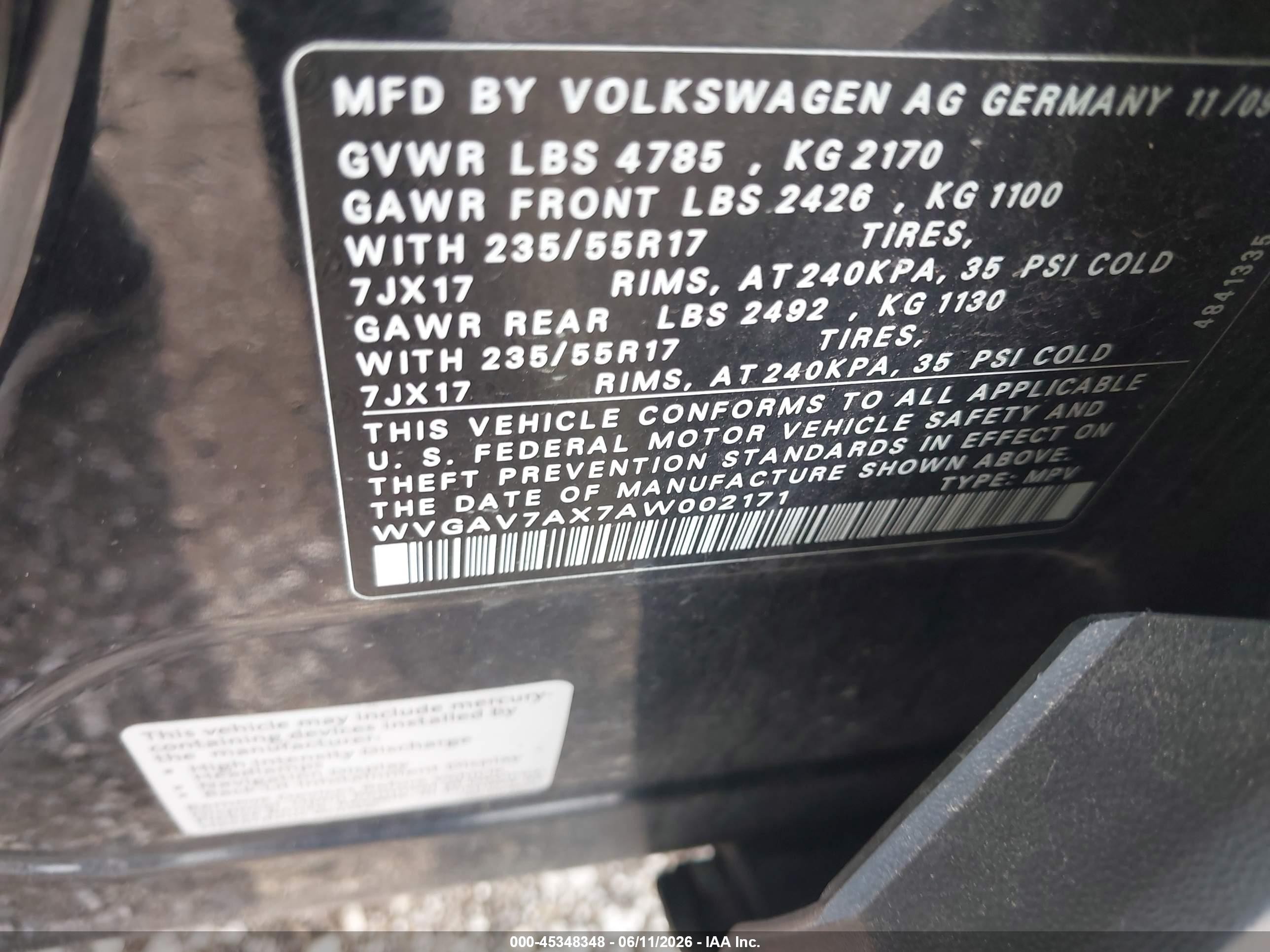 2010 Volkswagen Tiguan S Black vin: WVGAV7AX7AW002171