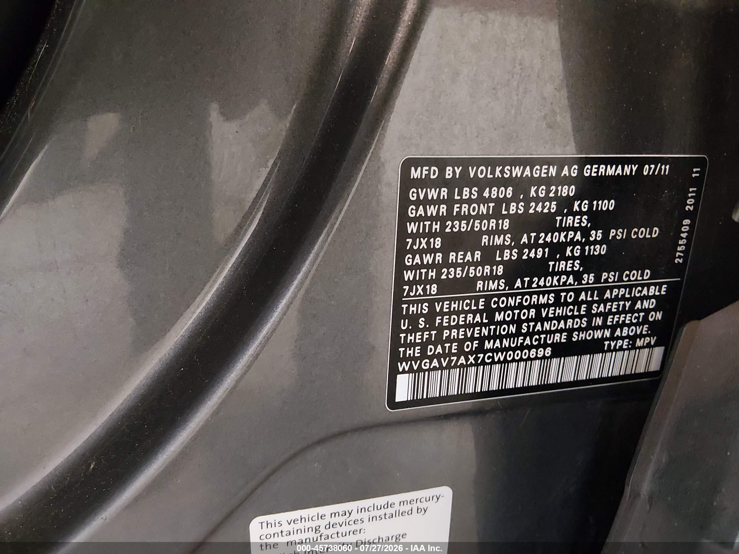 2012 Volkswagen Tiguan Se Gray vin: WVGAV7AX7CW000696