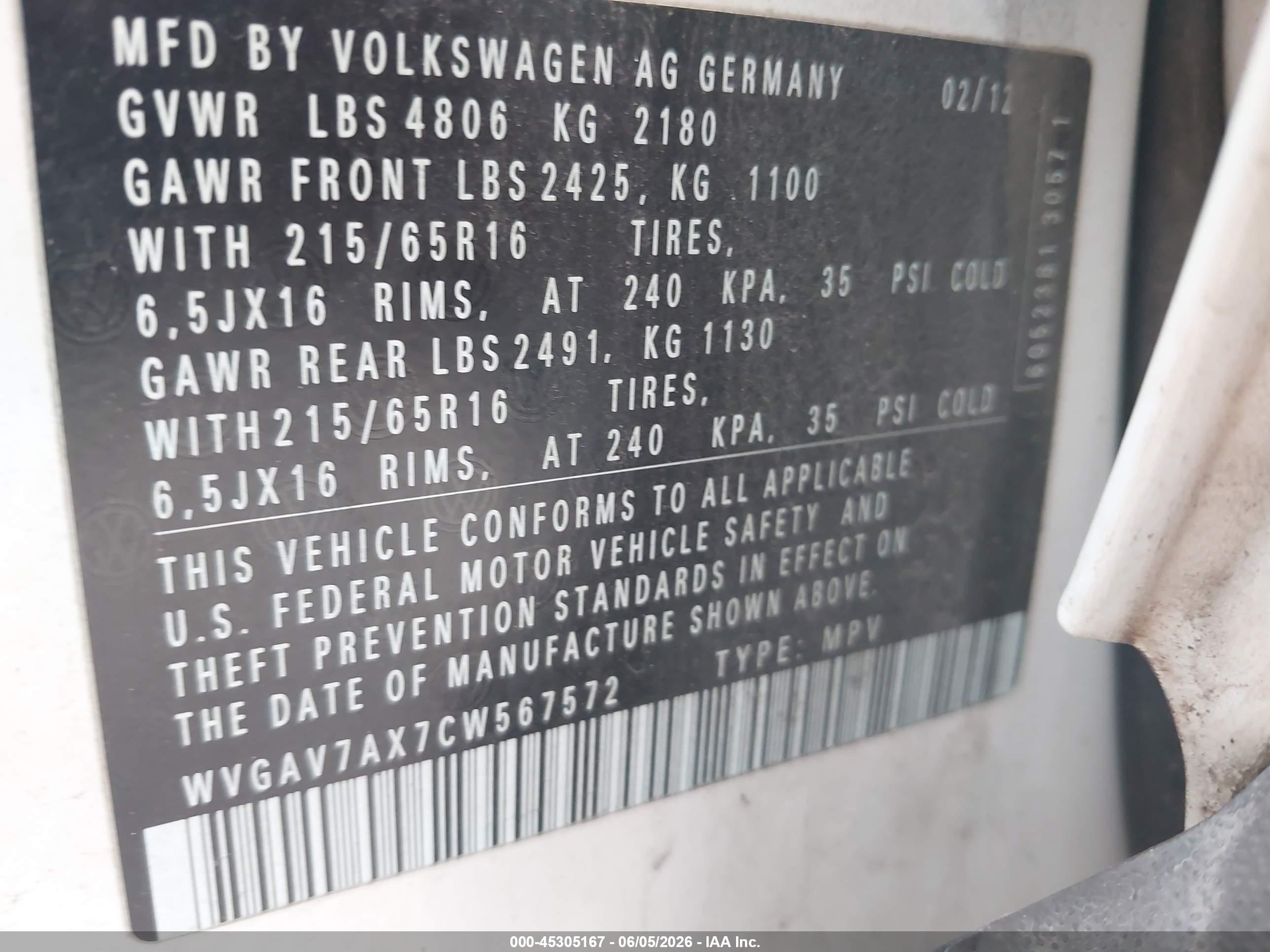 2012 Volkswagen Tiguan S Белый vin: WVGAV7AX7CW567572
