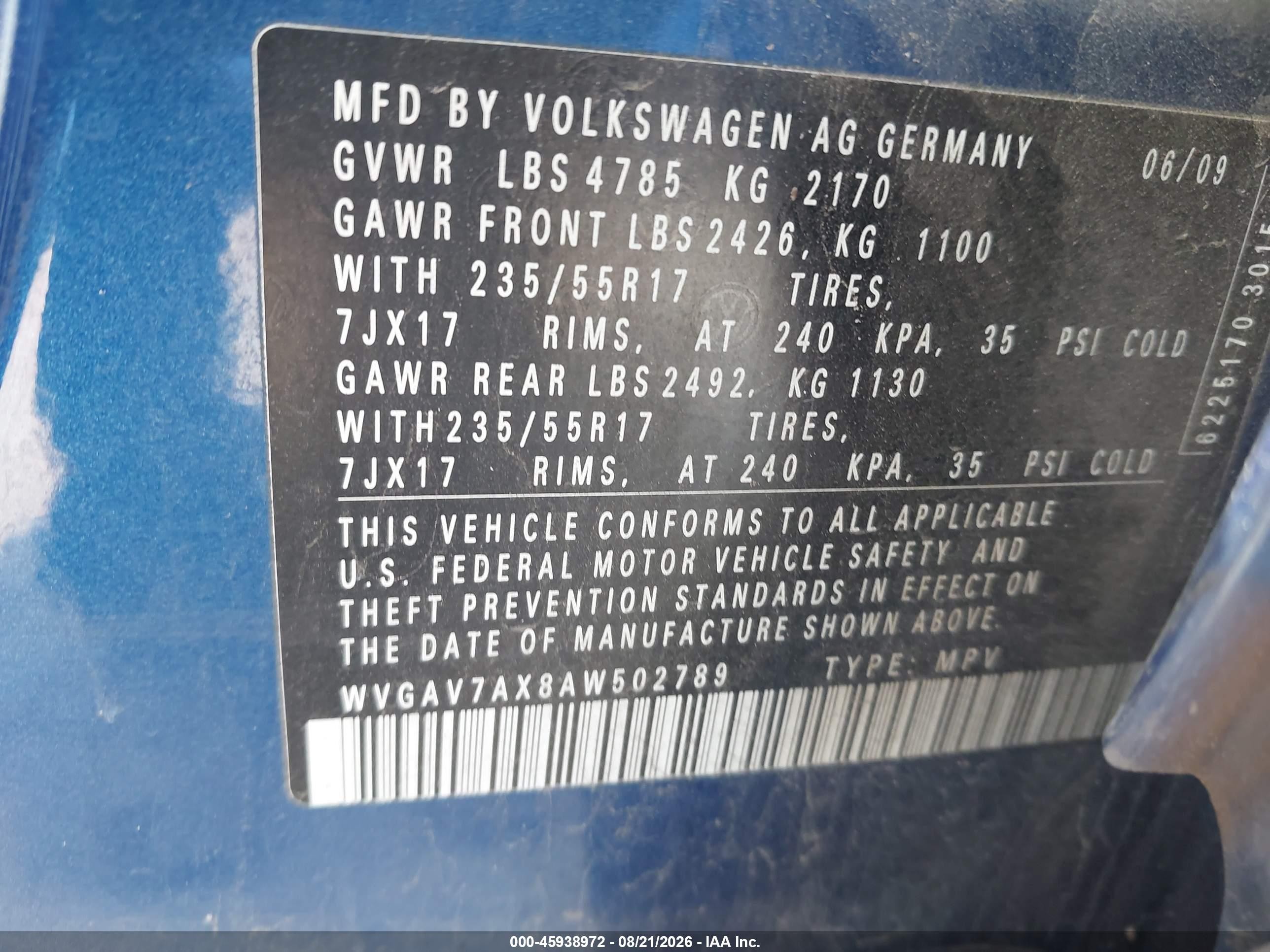 2010 Volkswagen Tiguan Se Blue vin: WVGAV7AX8AW502789