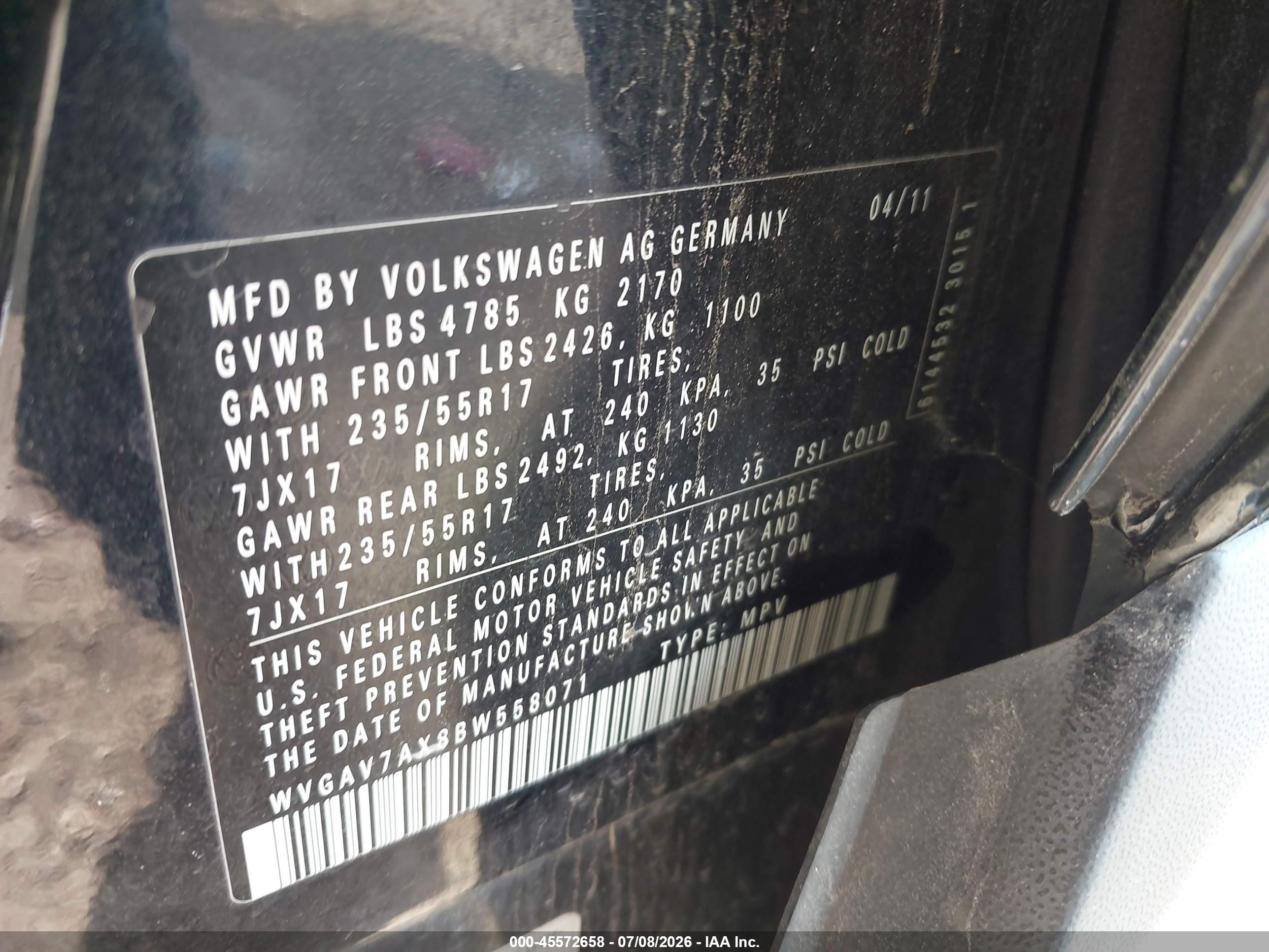 2011 Volkswagen Tiguan Se Черный vin: WVGAV7AX8BW558071