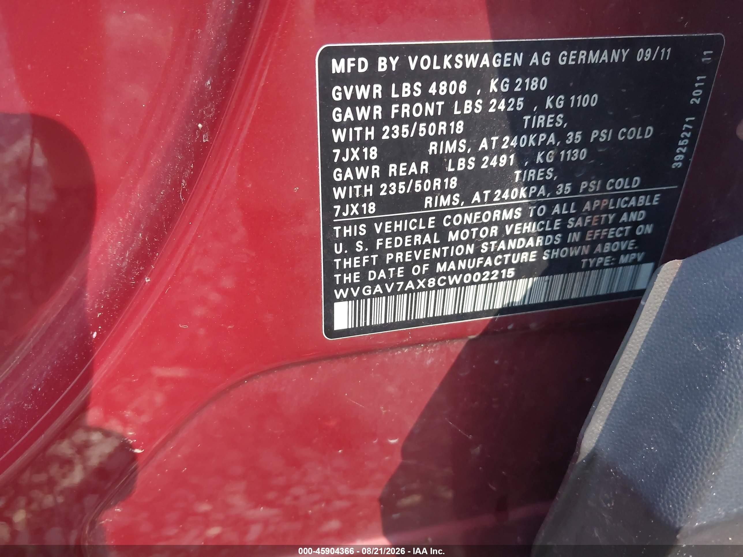 2012 Volkswagen Tiguan Se Red vin: WVGAV7AX8CW002215