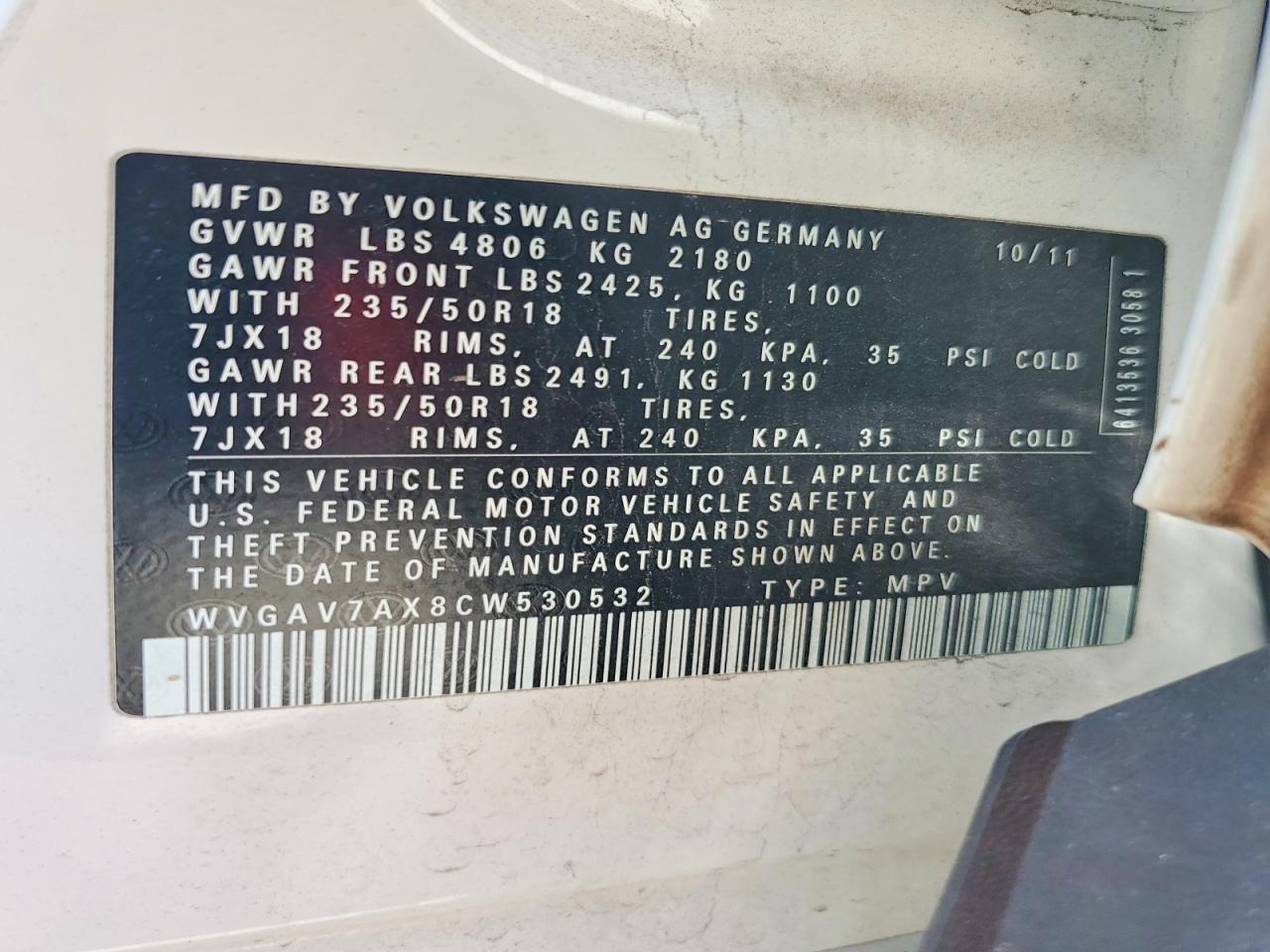 2012 Volkswagen Tiguan S White vin: WVGAV7AX8CW530532