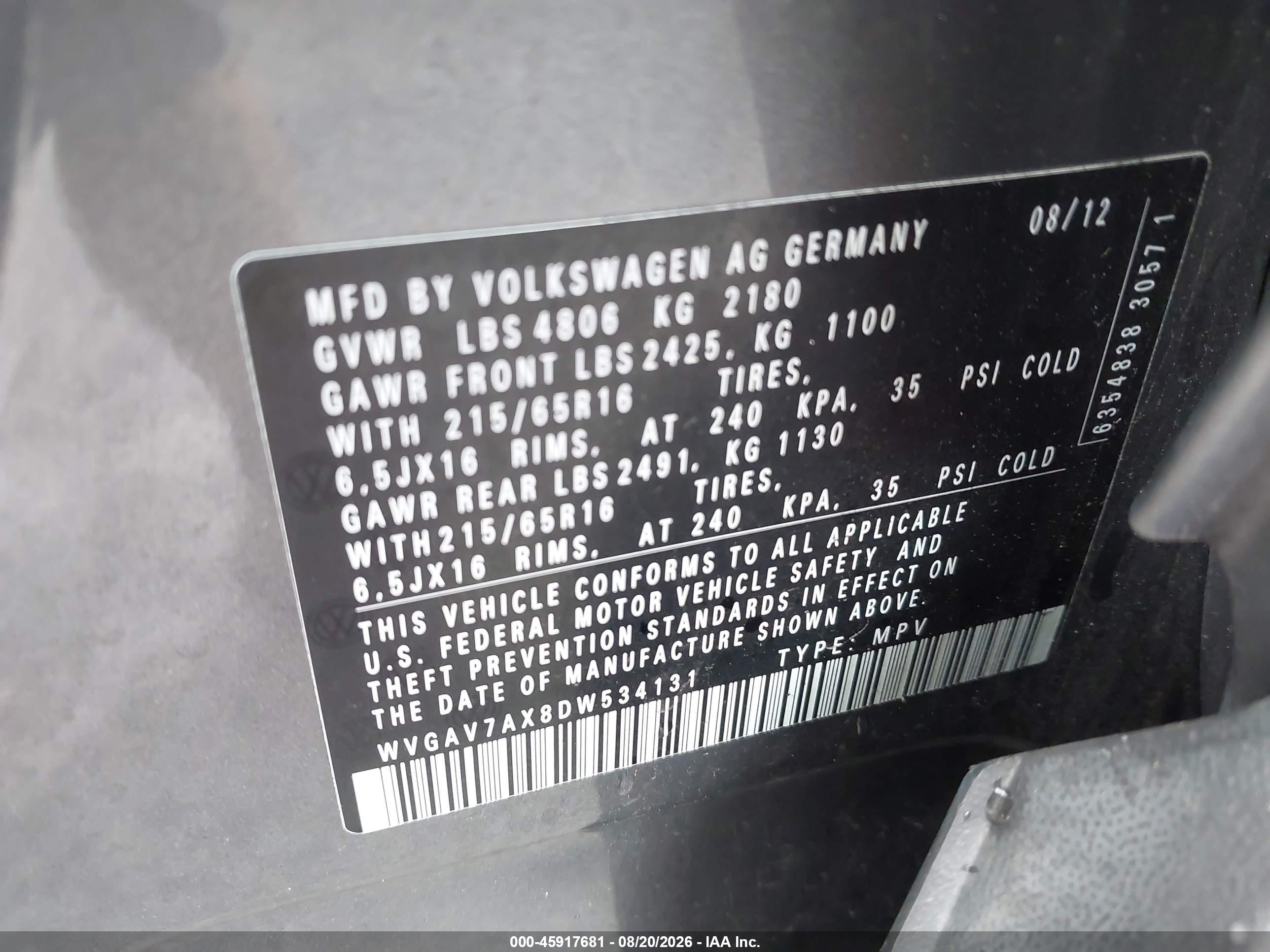 2013 Volkswagen Tiguan S Gray vin: WVGAV7AX8DW534131