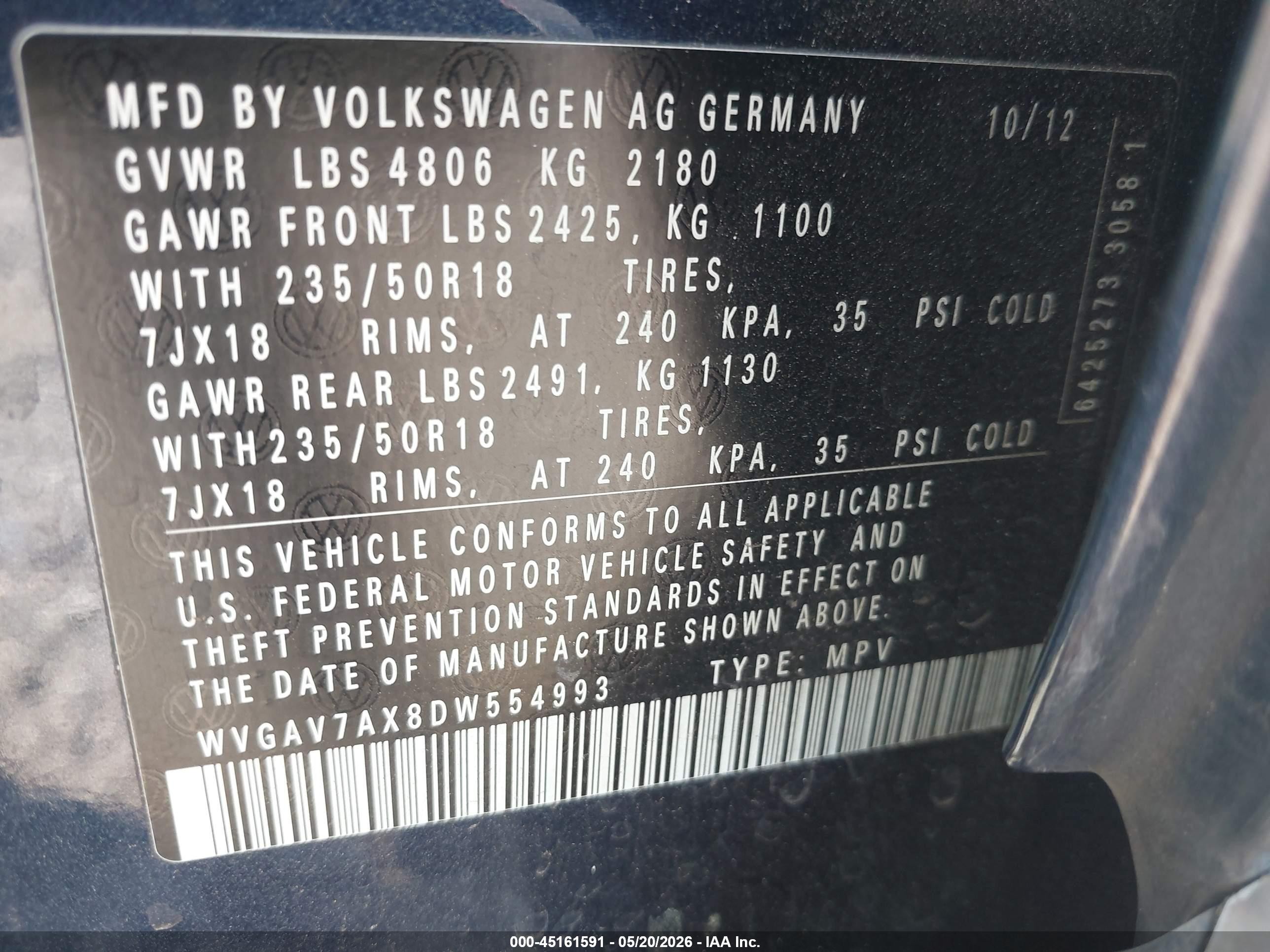 2013 Volkswagen Tiguan Se Blue vin: WVGAV7AX8DW554993