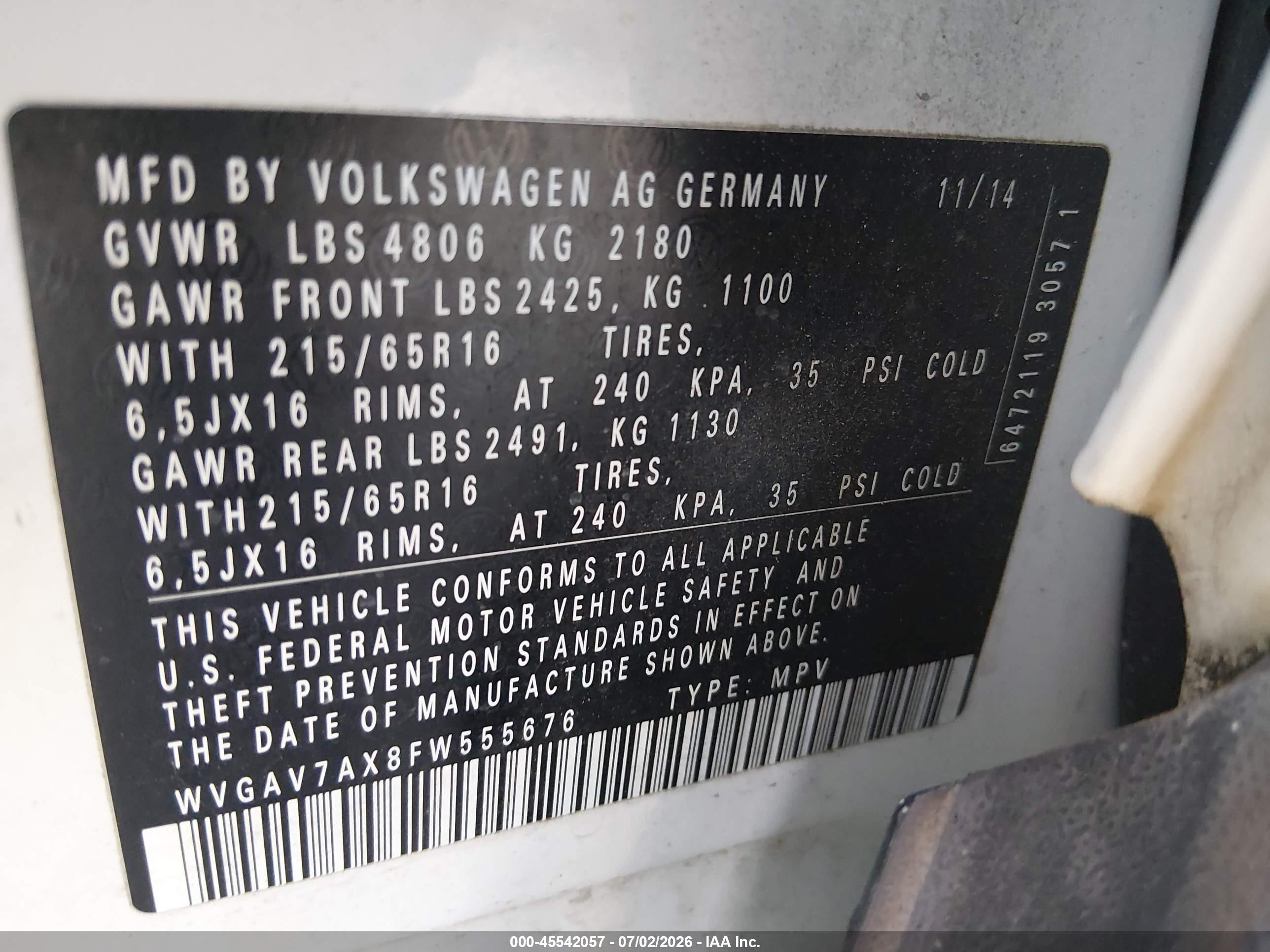 2015 Volkswagen Tiguan S White vin: WVGAV7AX8FW555676