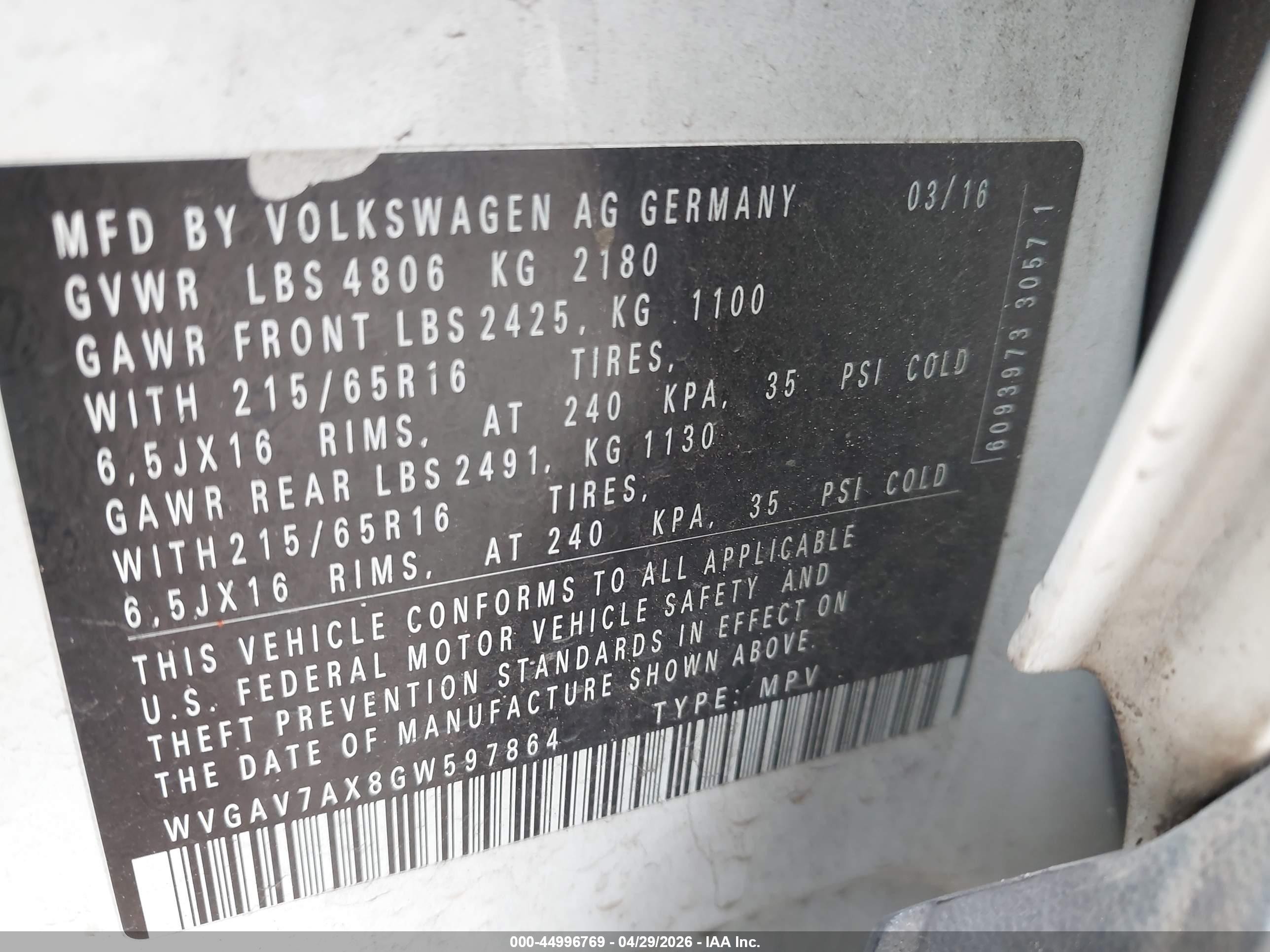 2016 Volkswagen Tiguan S White vin: WVGAV7AX8GW597864