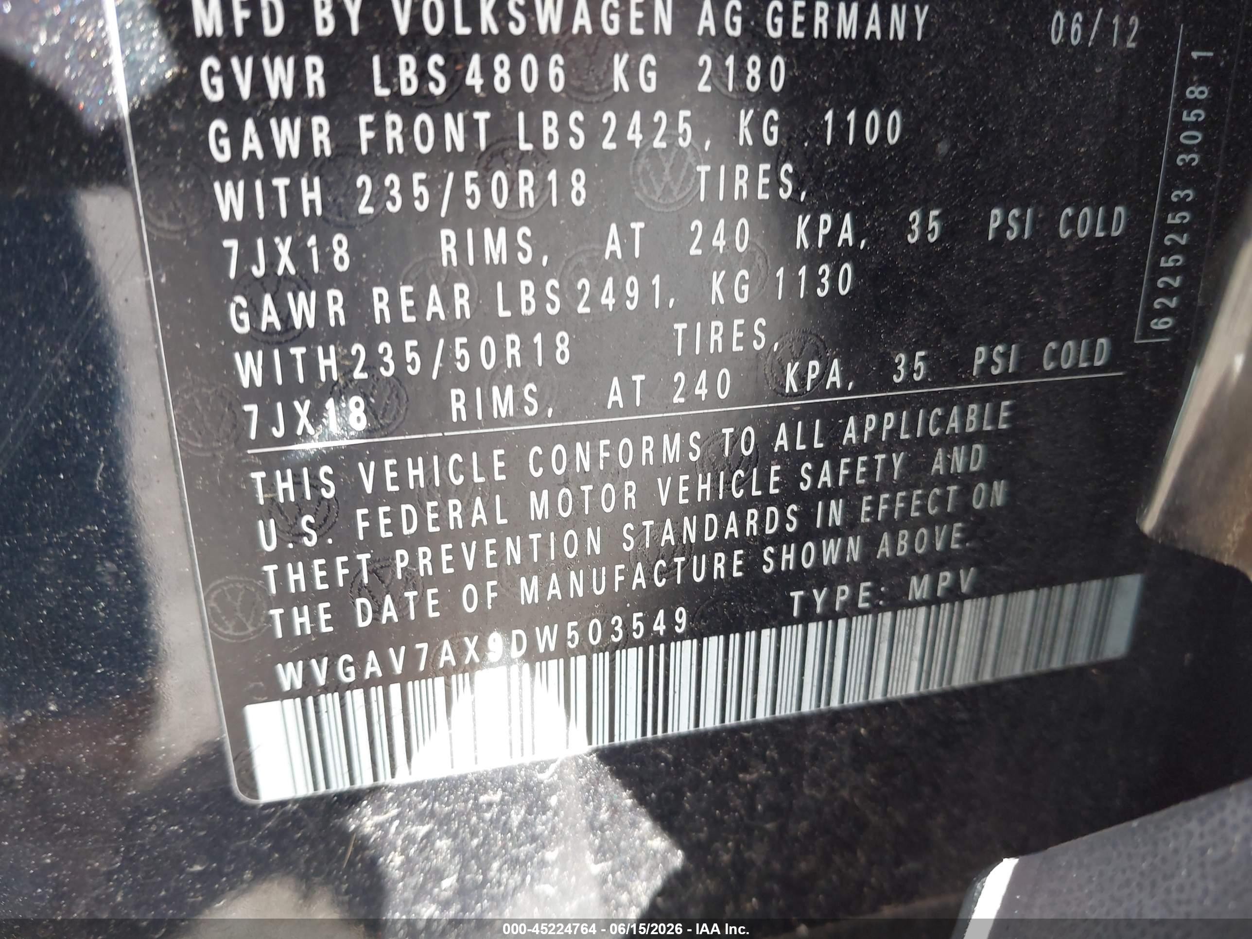 2013 Volkswagen Tiguan S/se/sel Black vin: WVGAV7AX9DW503549