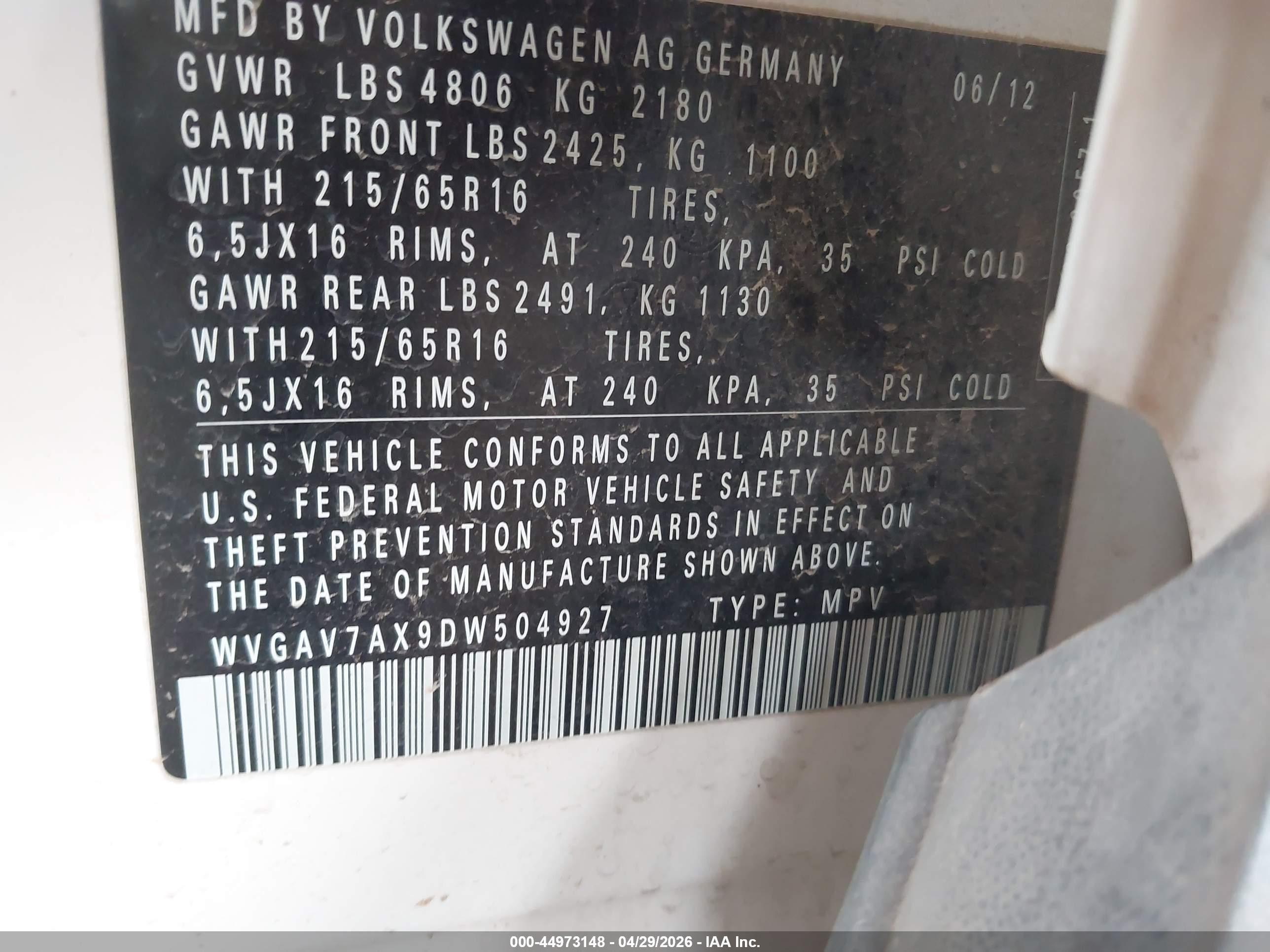 2013 Volkswagen Tiguan S Белый vin: WVGAV7AX9DW504927