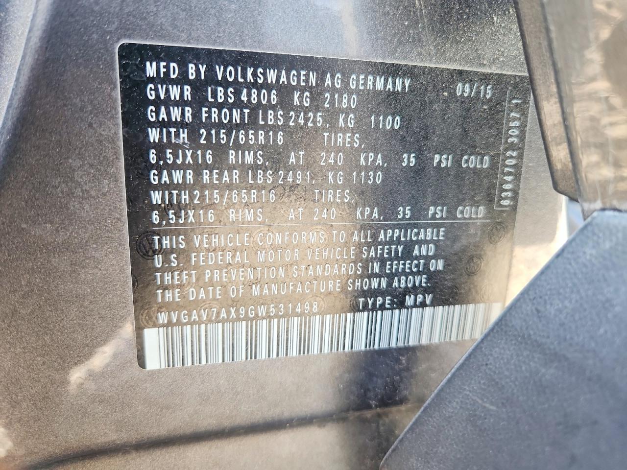 2016 Volkswagen Tiguan S Gray vin: WVGAV7AX9GW531498