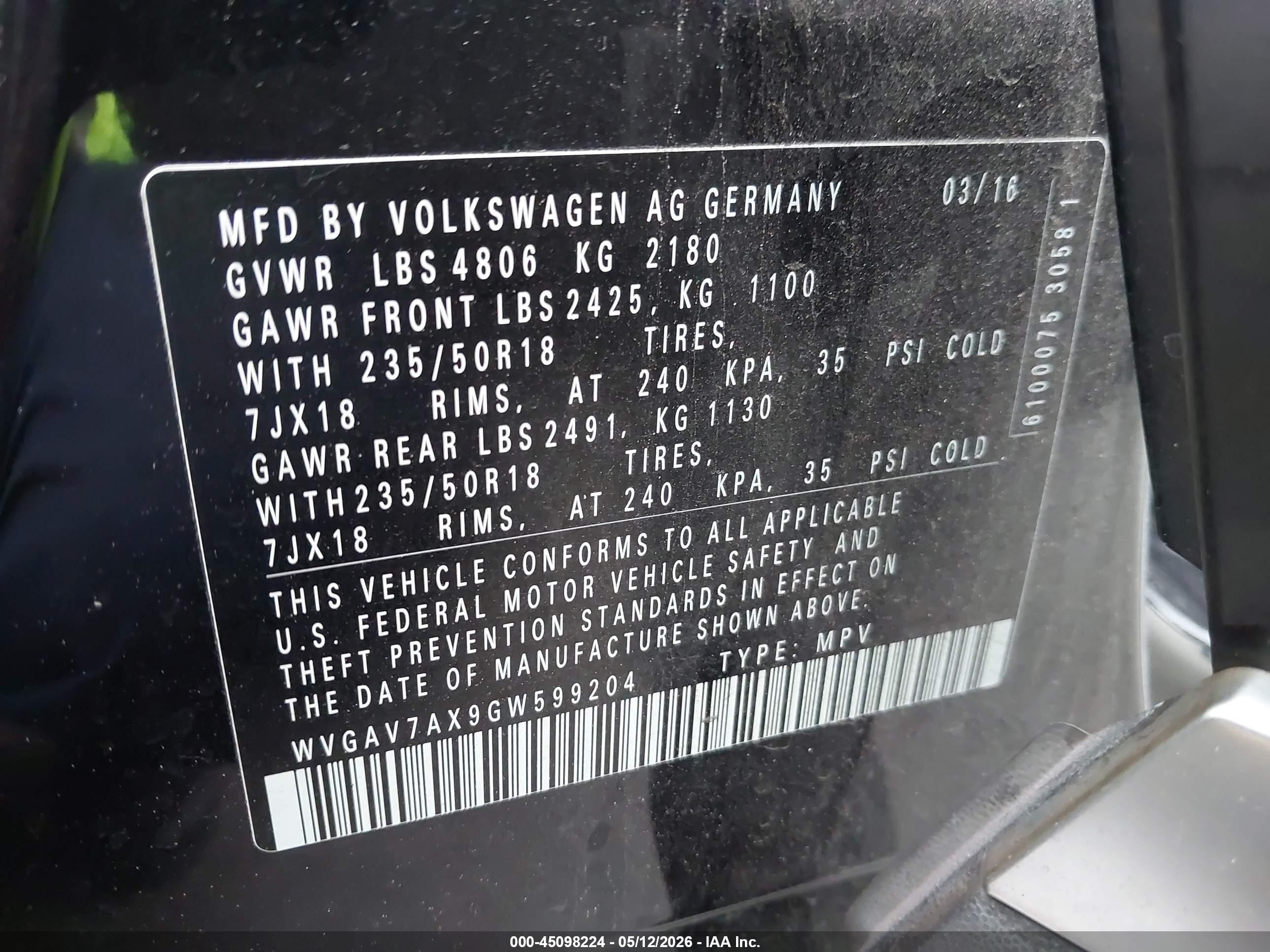 2016 Volkswagen Tiguan Se Black vin: WVGAV7AX9GW599204