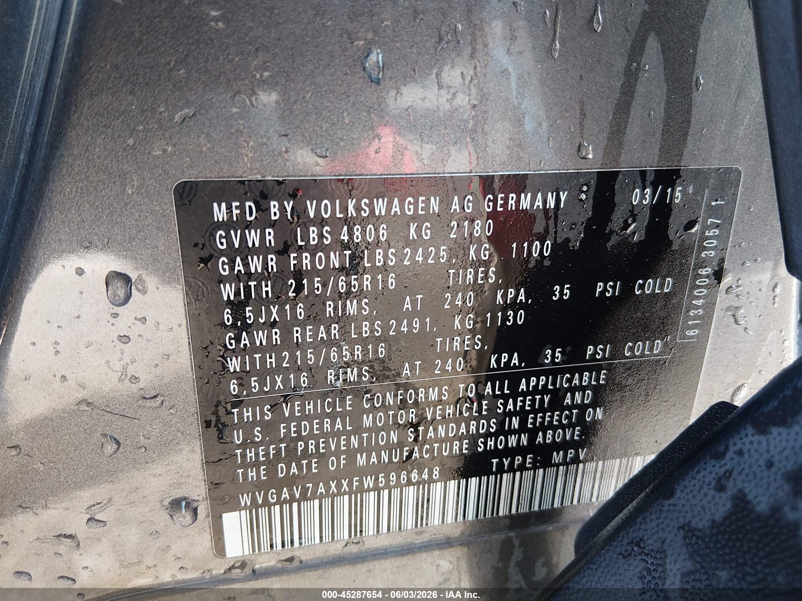 2015 Volkswagen Tiguan S Gray vin: WVGAV7AXXFW596648