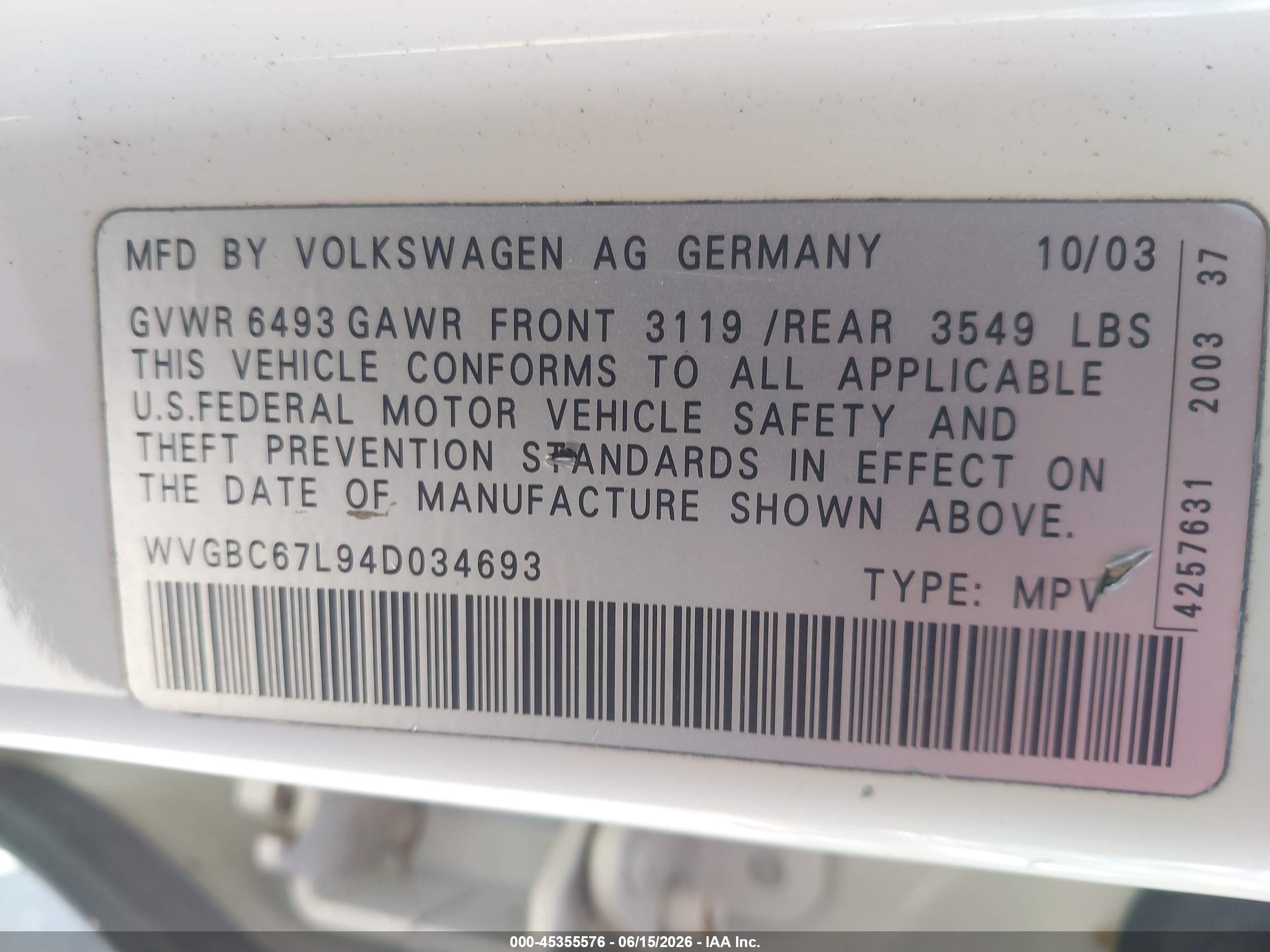 2004 Volkswagen Touareg V6 White vin: WVGBC67L94D034693
