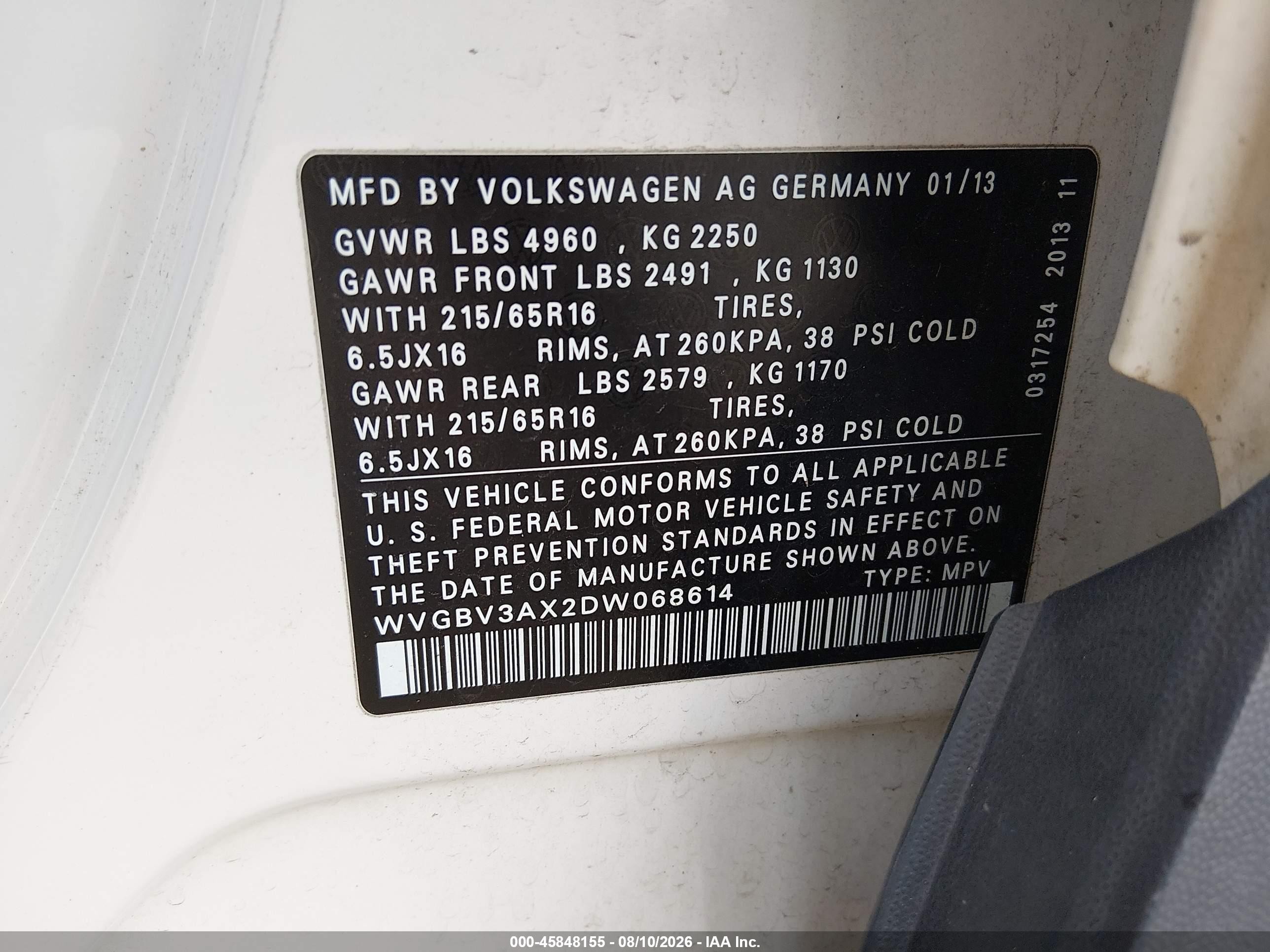 2013 Volkswagen Tiguan S Белый vin: WVGBV3AX2DW068614