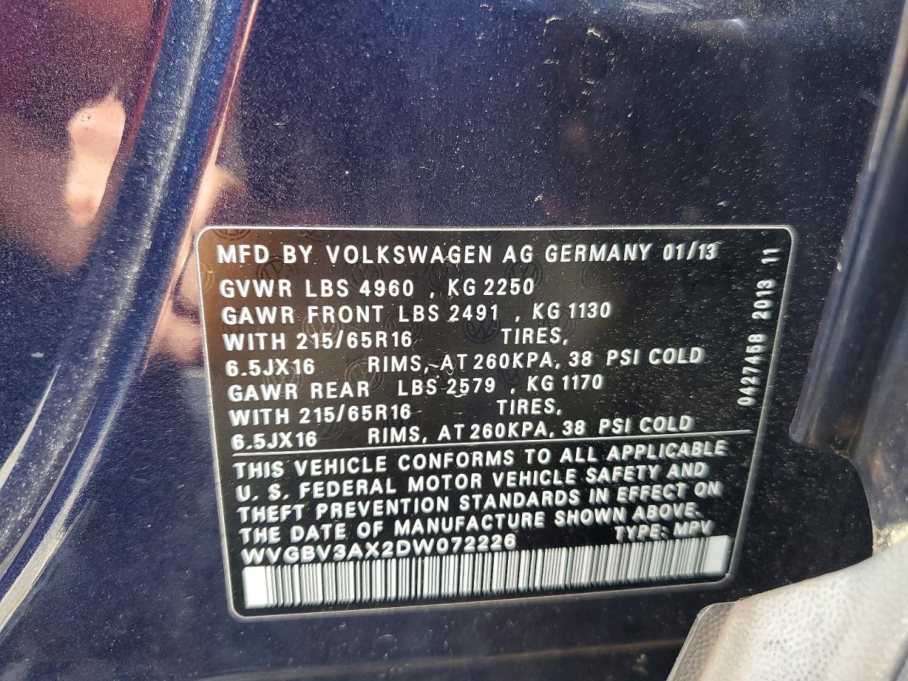 2013 Volkswagen Tiguan Blue vin: WVGBV3AX2DW072226