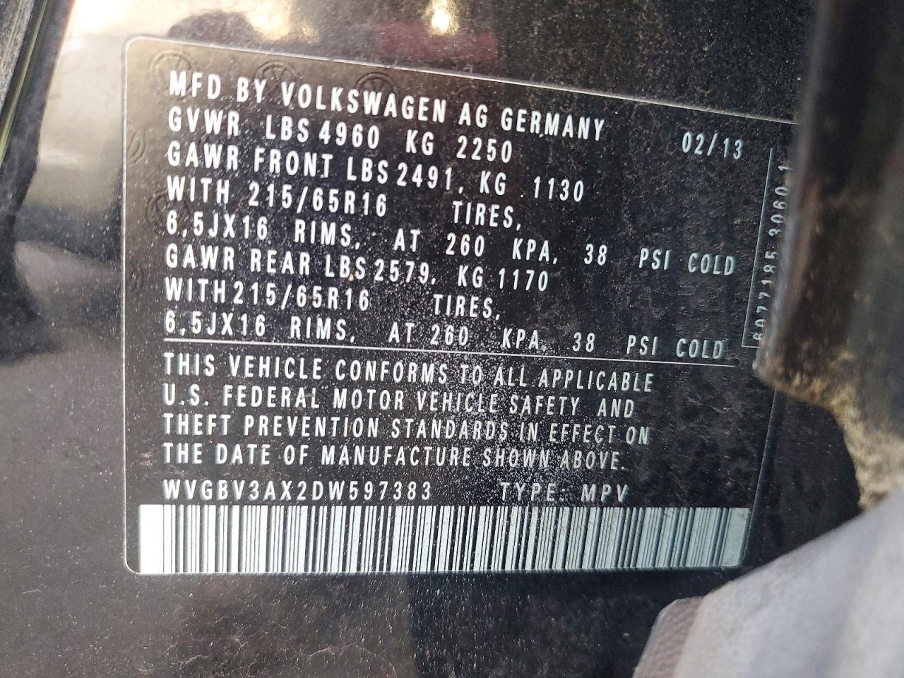 2013 Volkswagen Tiguan S Черный vin: WVGBV3AX2DW597383