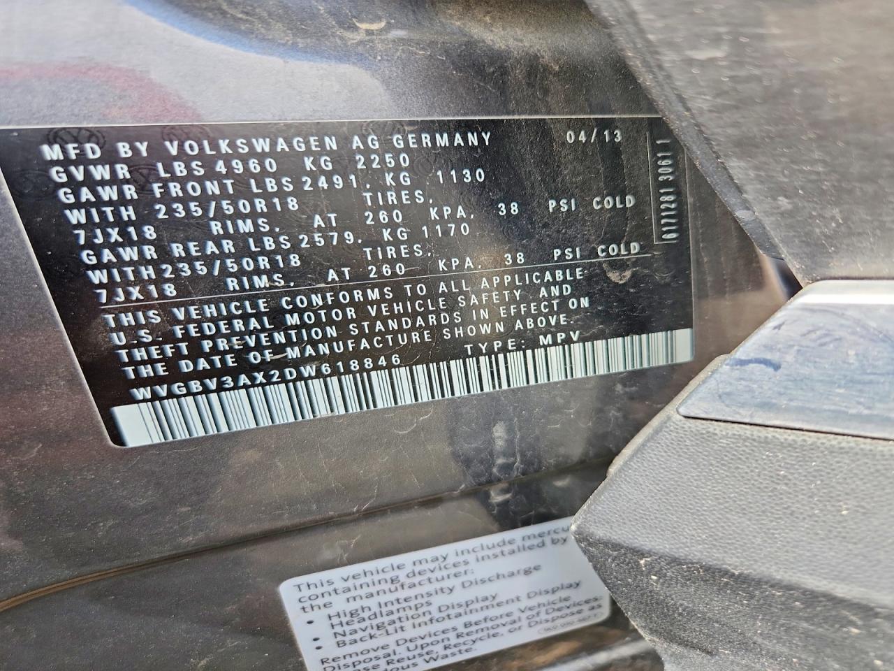 2013 Volkswagen Tiguan S Charcoal vin: WVGBV3AX2DW618846