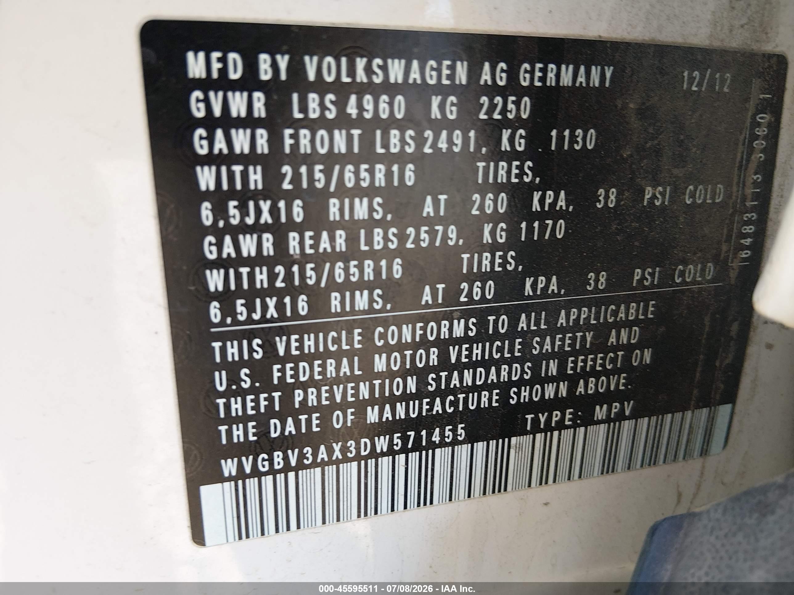 2013 Volkswagen Tiguan S Белый vin: WVGBV3AX3DW571455