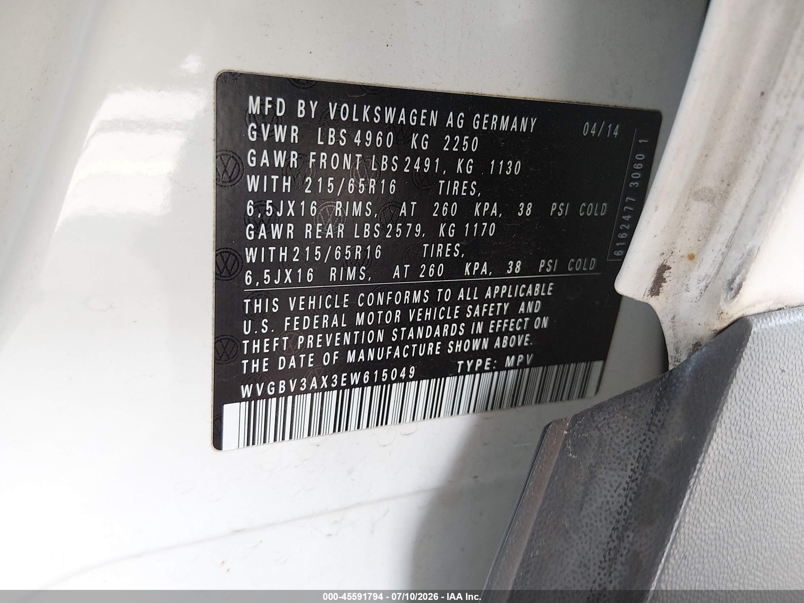 2014 Volkswagen Tiguan S White vin: WVGBV3AX3EW615049