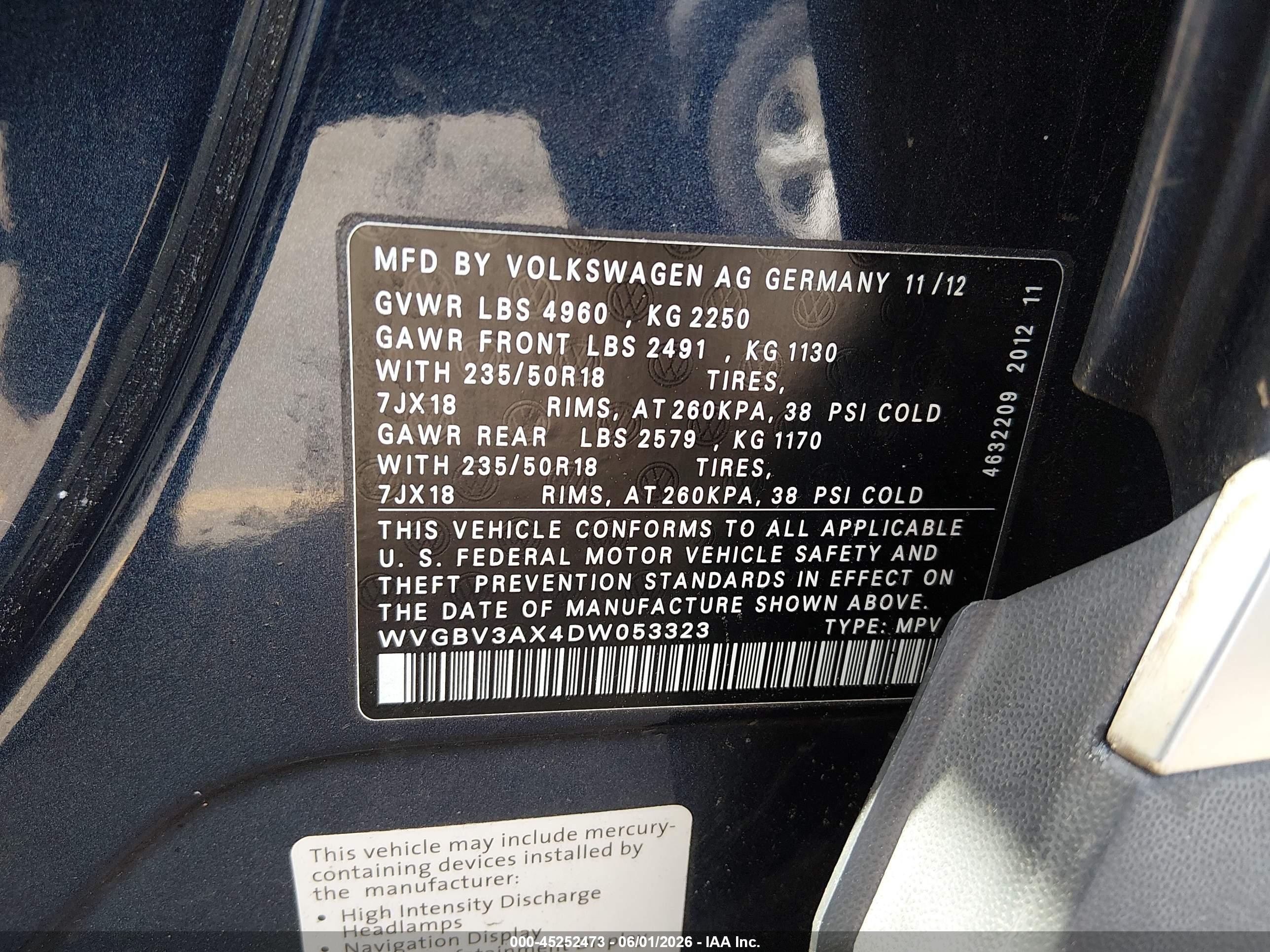 2013 Volkswagen Tiguan Se Dark Blue vin: WVGBV3AX4DW053323