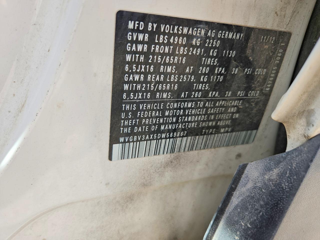 2013 Volkswagen Tiguan S Белый vin: WVGBV3AX5DW569867