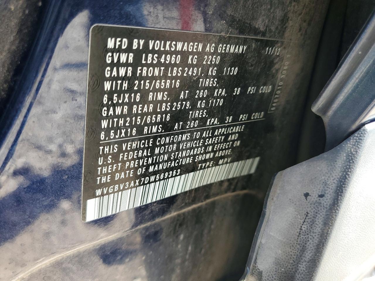 2013 Volkswagen Tiguan S Blue vin: WVGBV3AX7DW569353