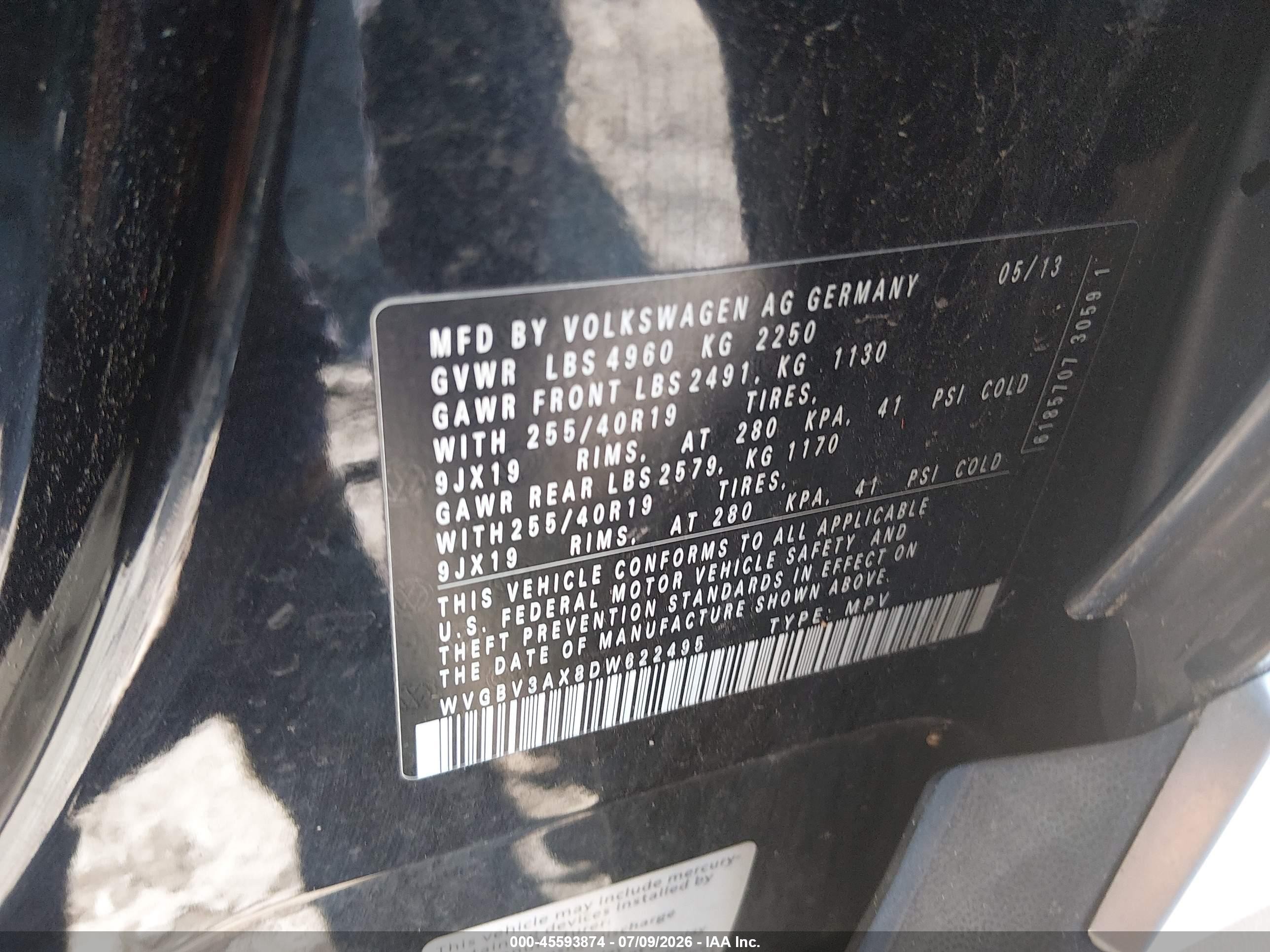 2013 Volkswagen Tiguan Sel Black vin: WVGBV3AX8DW622495
