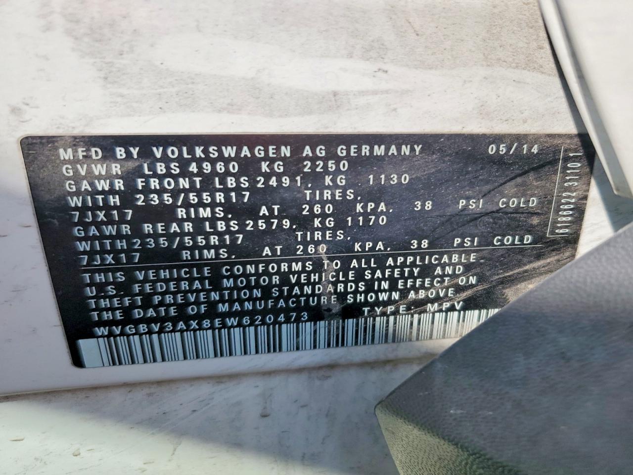 2014 Volkswagen Tiguan S Белый vin: WVGBV3AX8EW620473