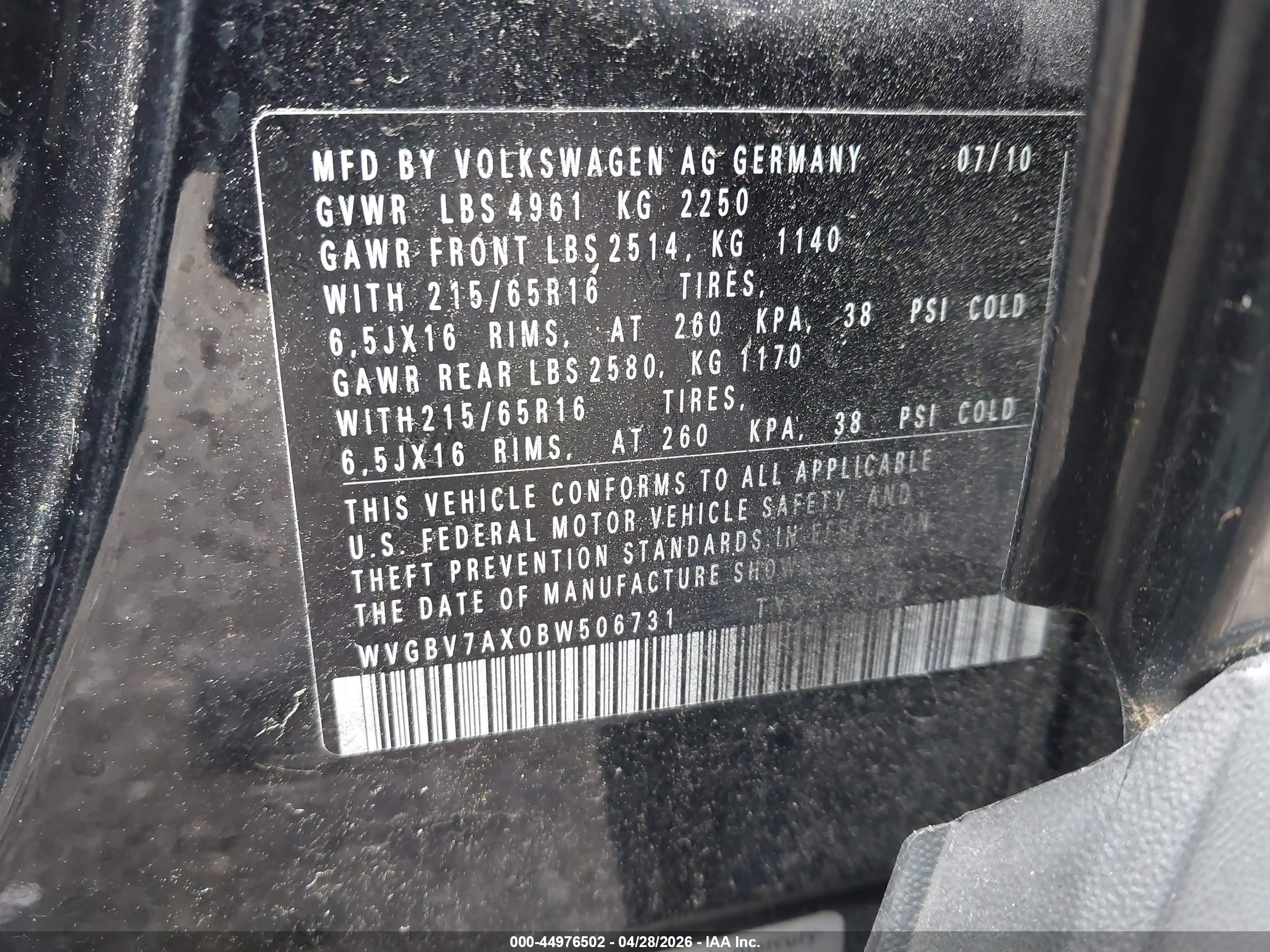 2011 Volkswagen Tiguan S Черный vin: WVGBV7AX0BW506731