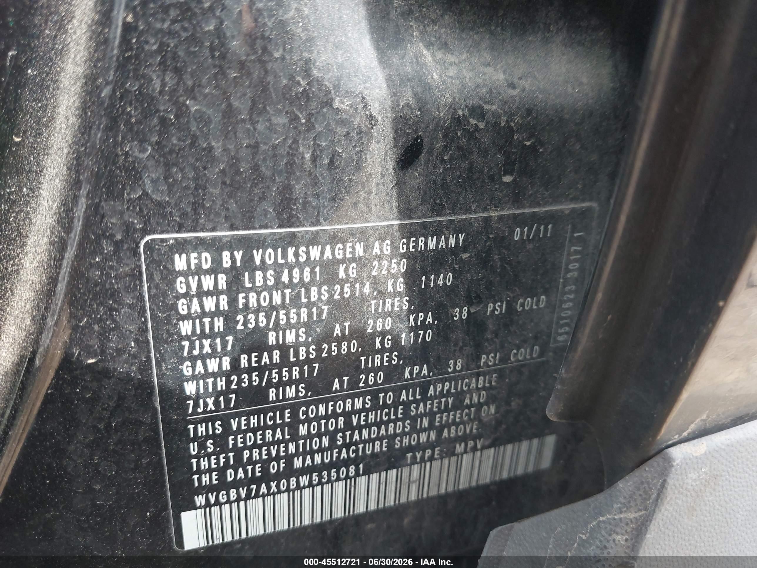 2011 Volkswagen Tiguan Se Black vin: WVGBV7AX0BW535081