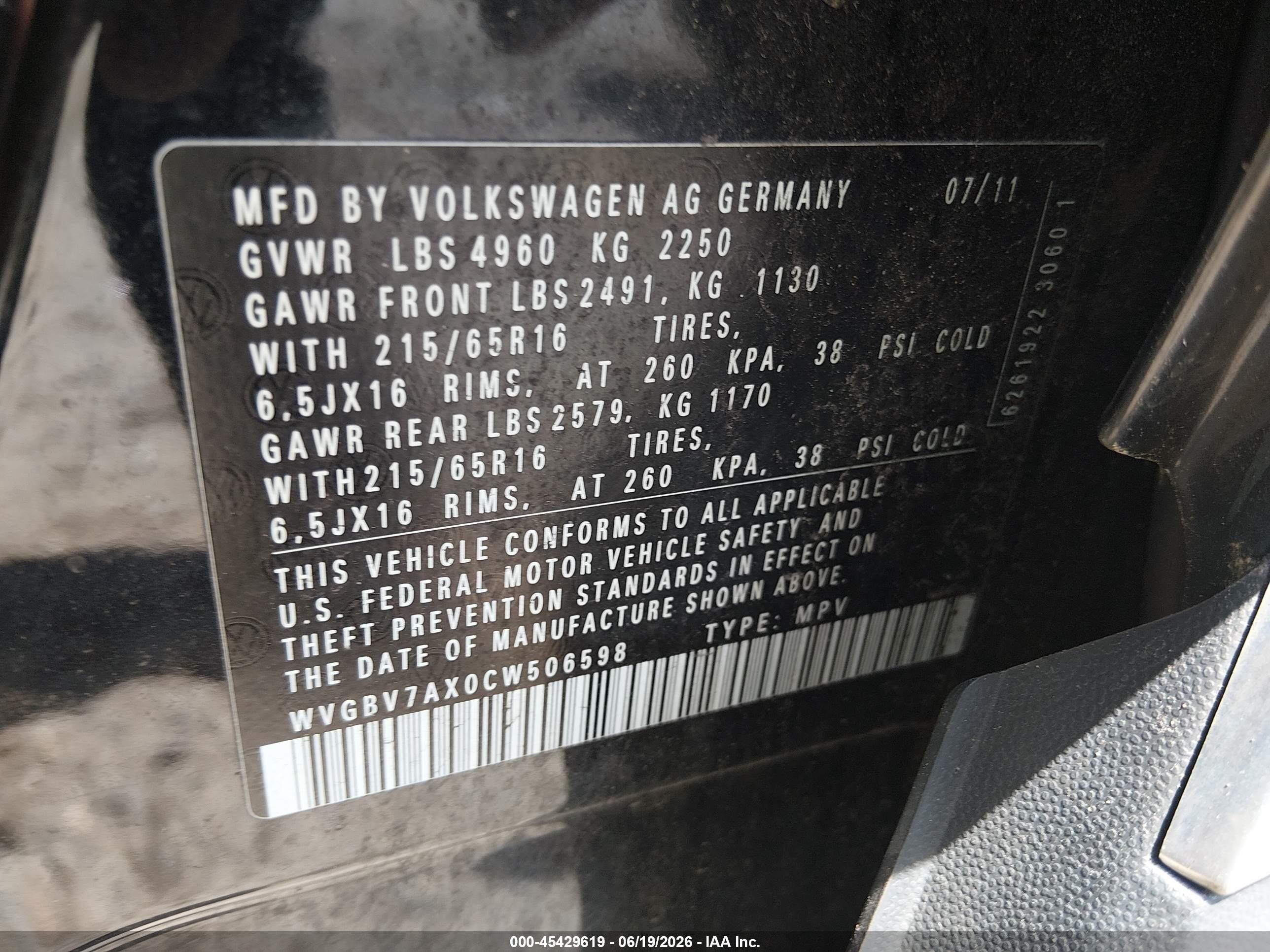 2012 Volkswagen Tiguan S Black vin: WVGBV7AX0CW506598