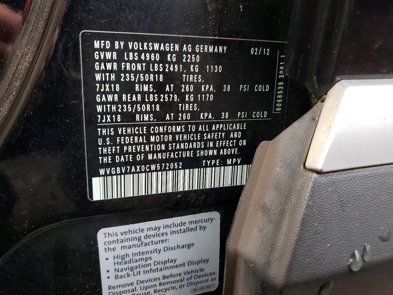 2012 Volkswagen Tiguan S Черный vin: WVGBV7AX0CW572052