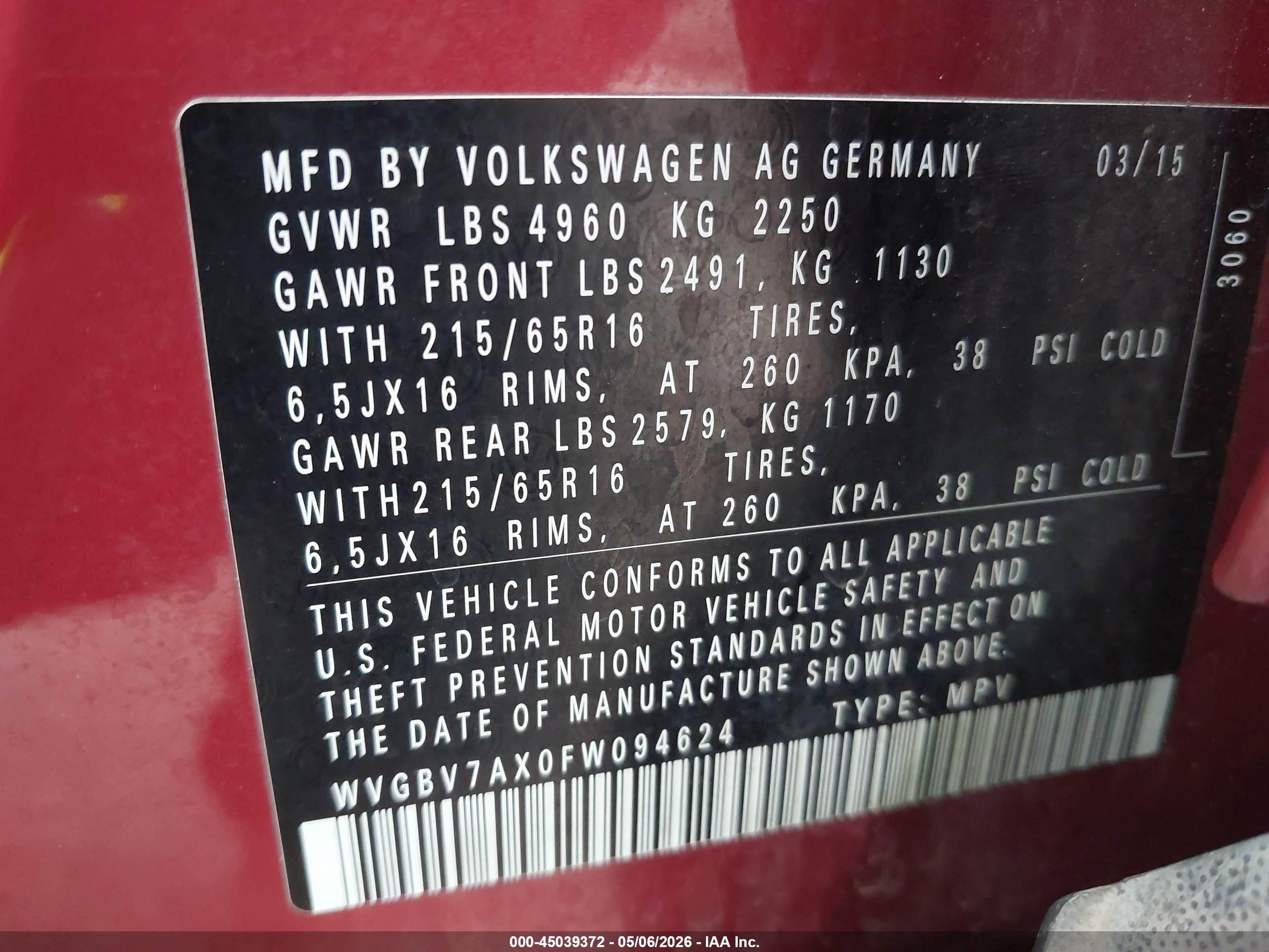 2015 Volkswagen Tiguan S Red vin: WVGBV7AX0FW094624