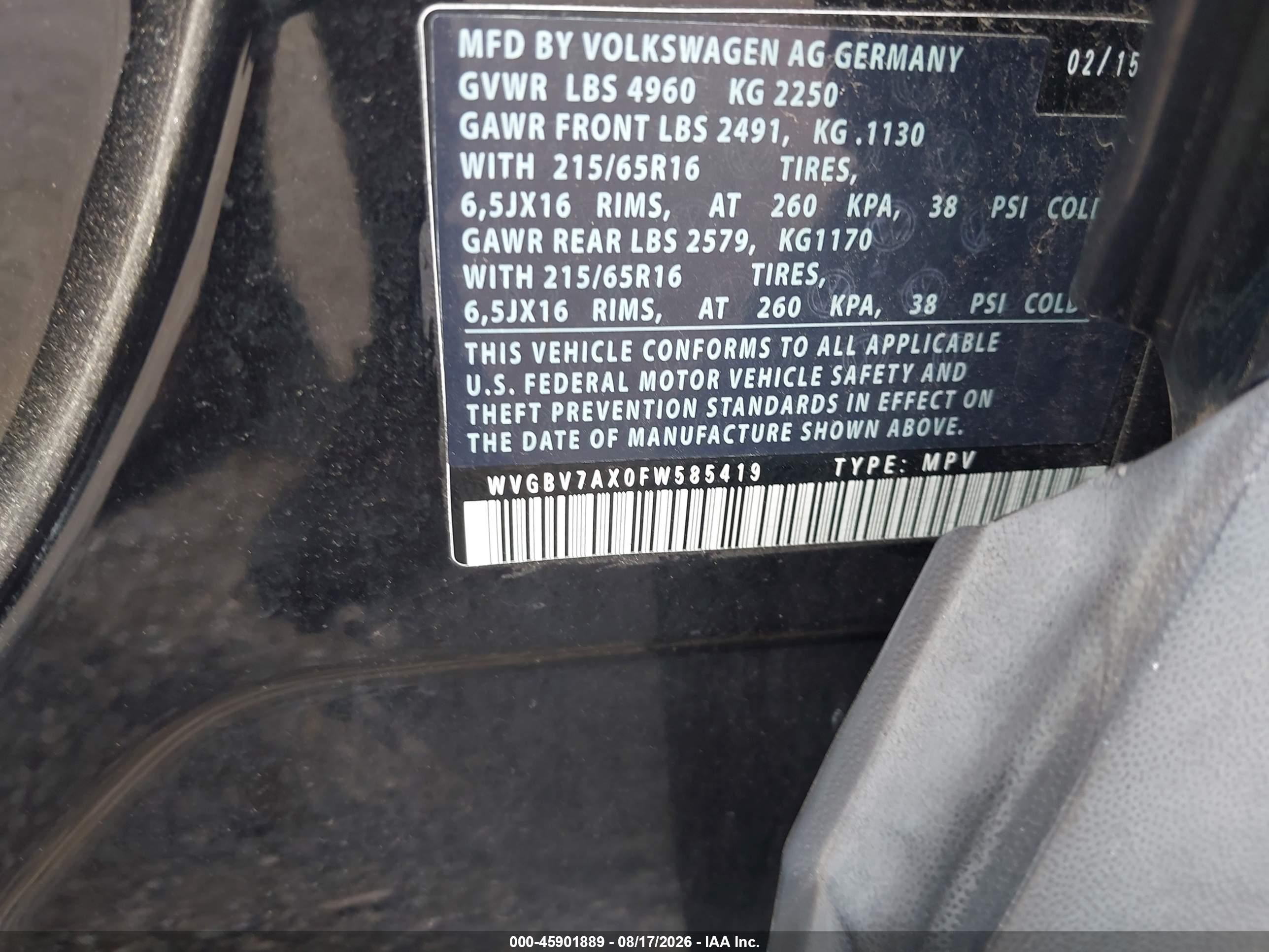 2015 Volkswagen Tiguan S Black vin: WVGBV7AX0FW585419