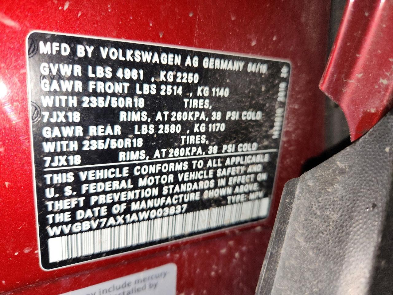 2010 Volkswagen Tiguan Se Бордовый vin: WVGBV7AX1AW003837