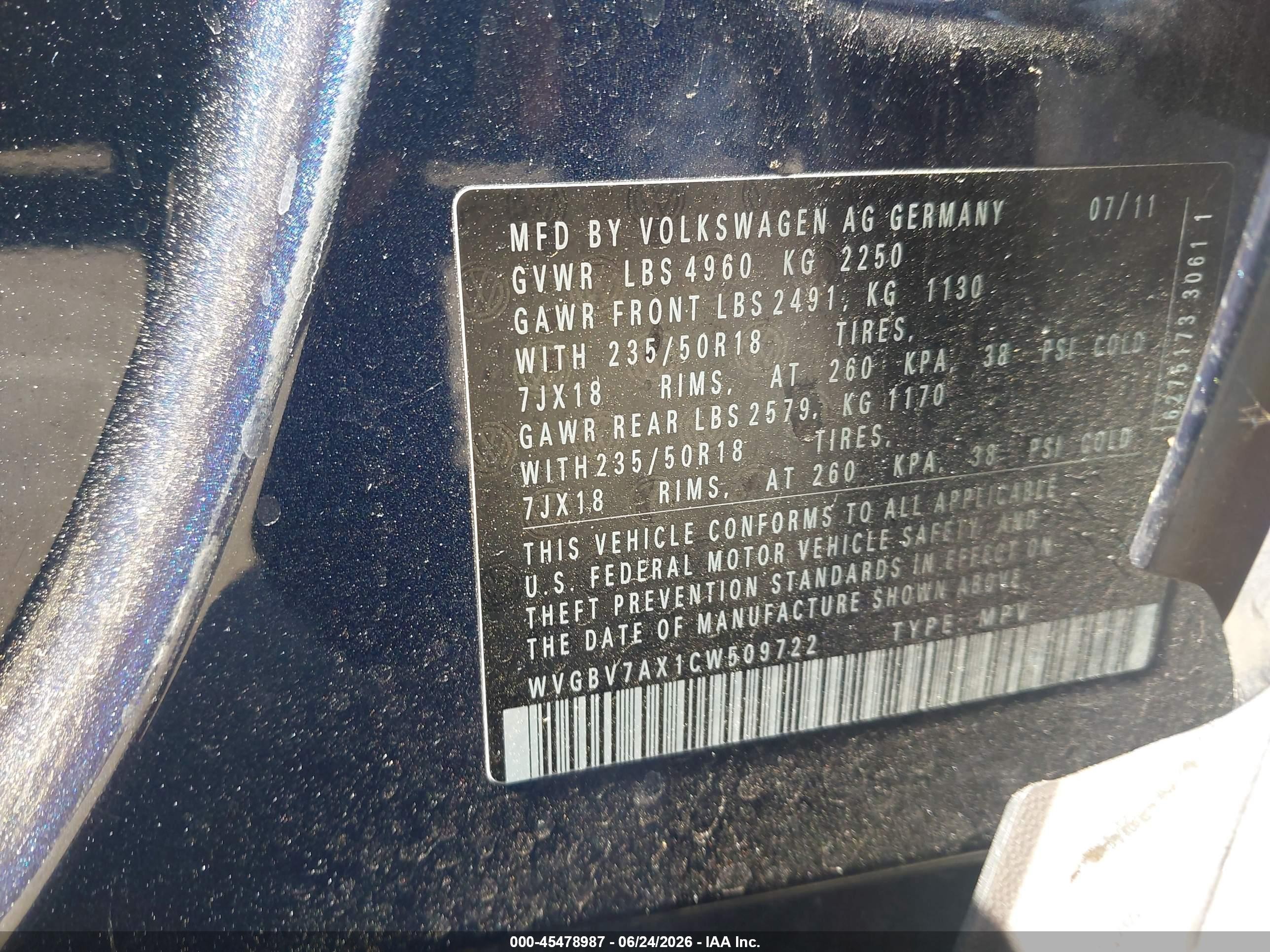 2012 Volkswagen Tiguan Se Dark Blue vin: WVGBV7AX1CW509722