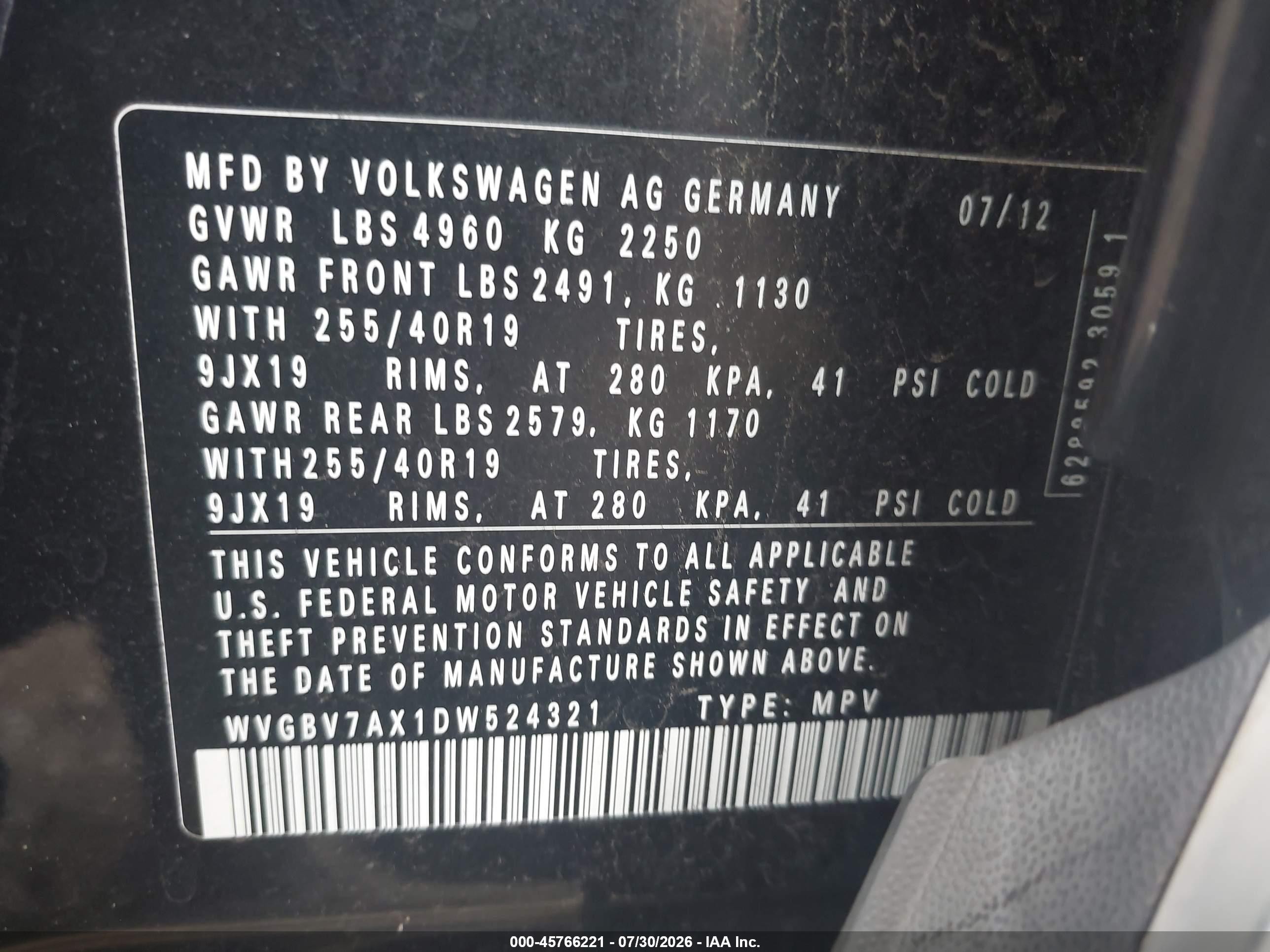 2013 Volkswagen Tiguan Sel Black vin: WVGBV7AX1DW524321