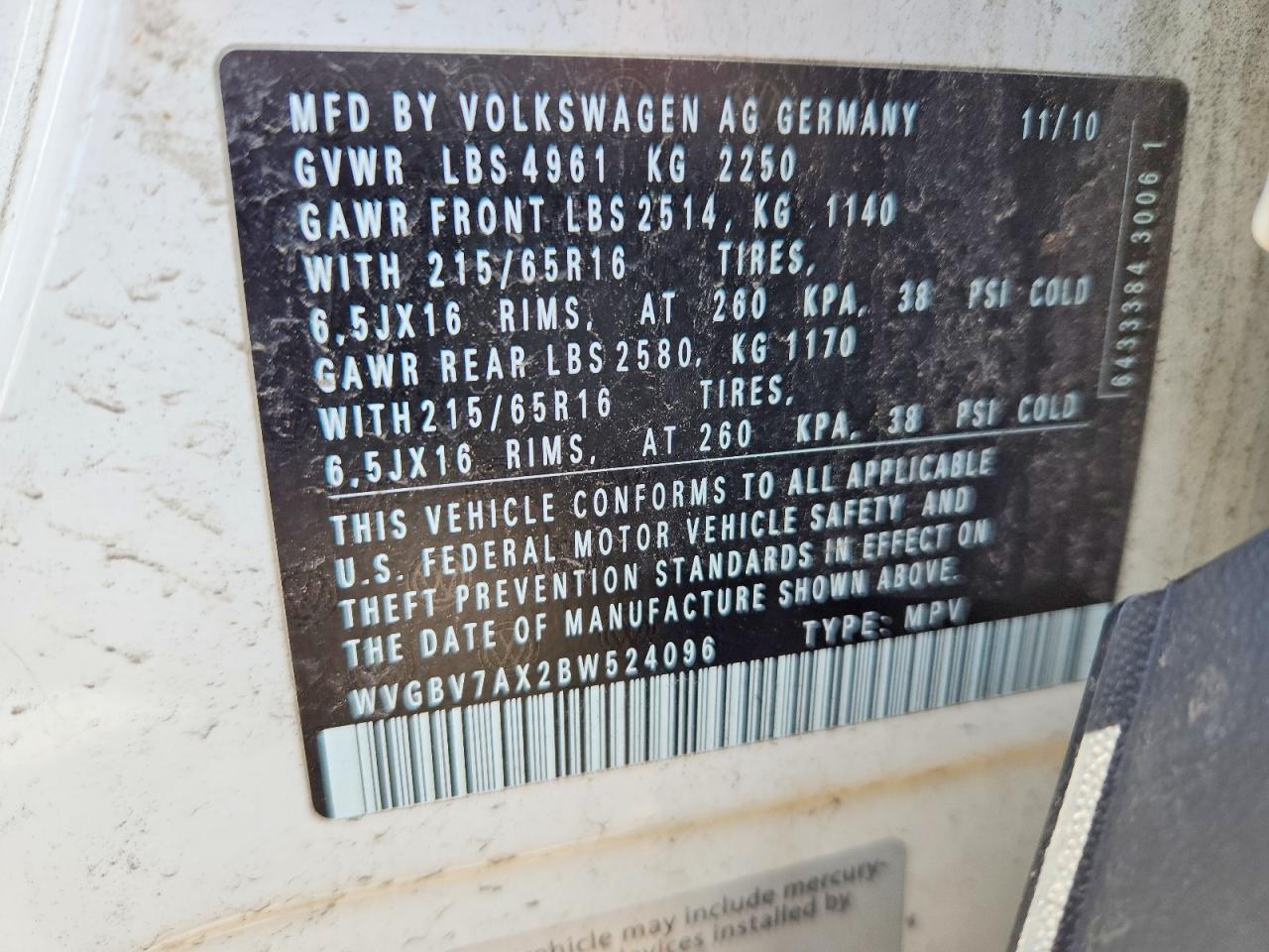 2011 Volkswagen Tiguan White vin: WVGBV7AX2BW524096