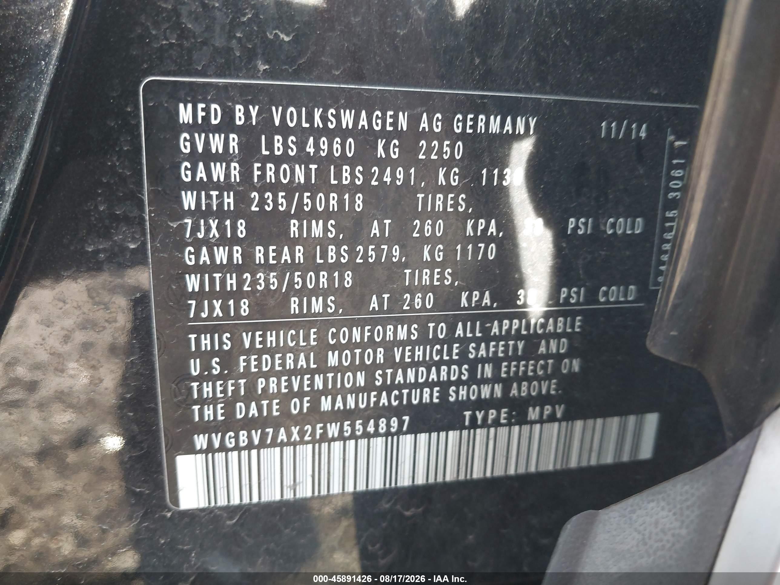 2015 Volkswagen Tiguan Se Черный vin: WVGBV7AX2FW554897
