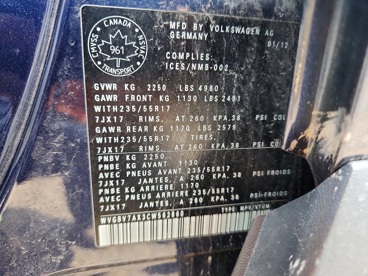 2012 Volkswagen Tiguan S Blue vin: WVGBV7AX3CW562860