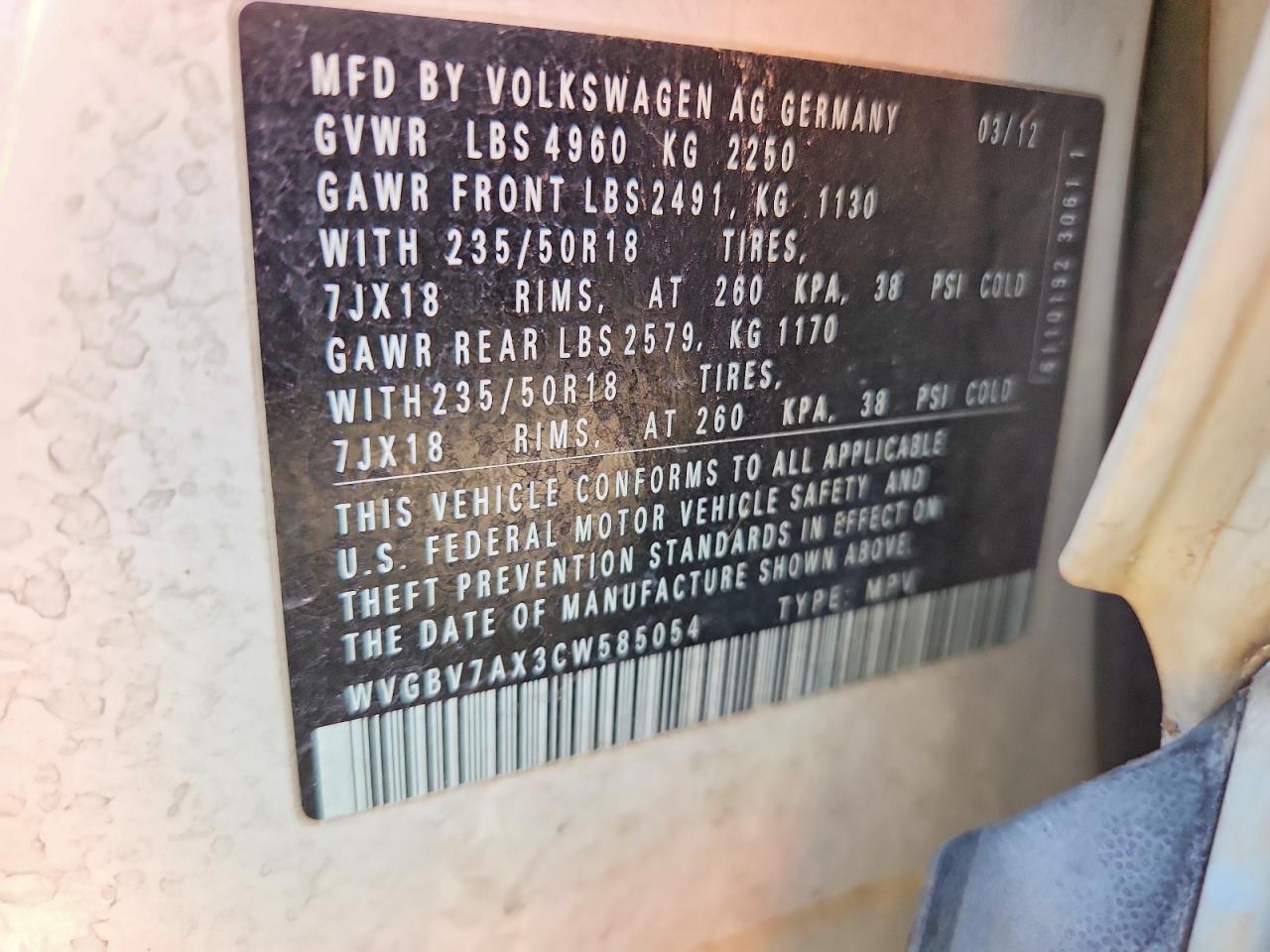 2012 Volkswagen Tiguan S White vin: WVGBV7AX3CW585054