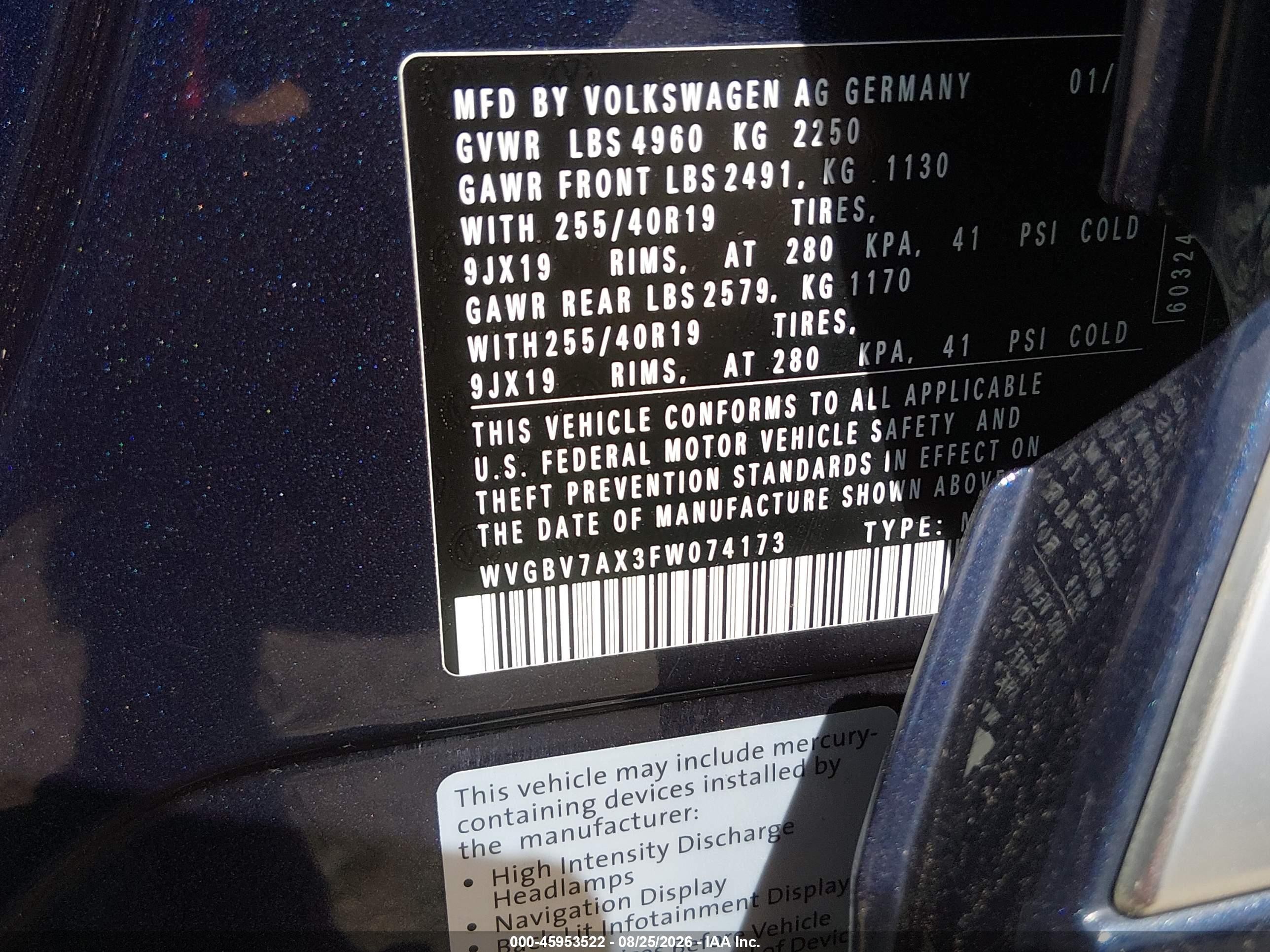 2015 Volkswagen Tiguan R-line Blue vin: WVGBV7AX3FW074173