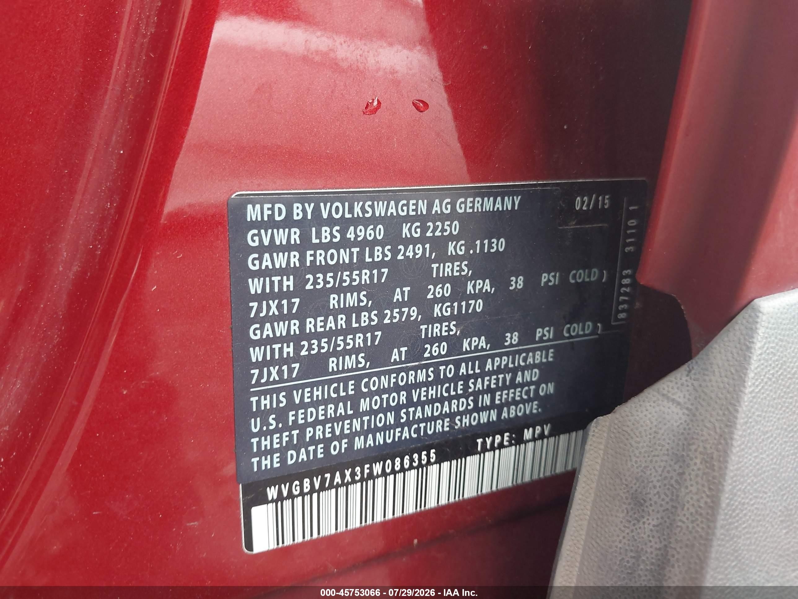 2015 Volkswagen Tiguan Se Red vin: WVGBV7AX3FW086355